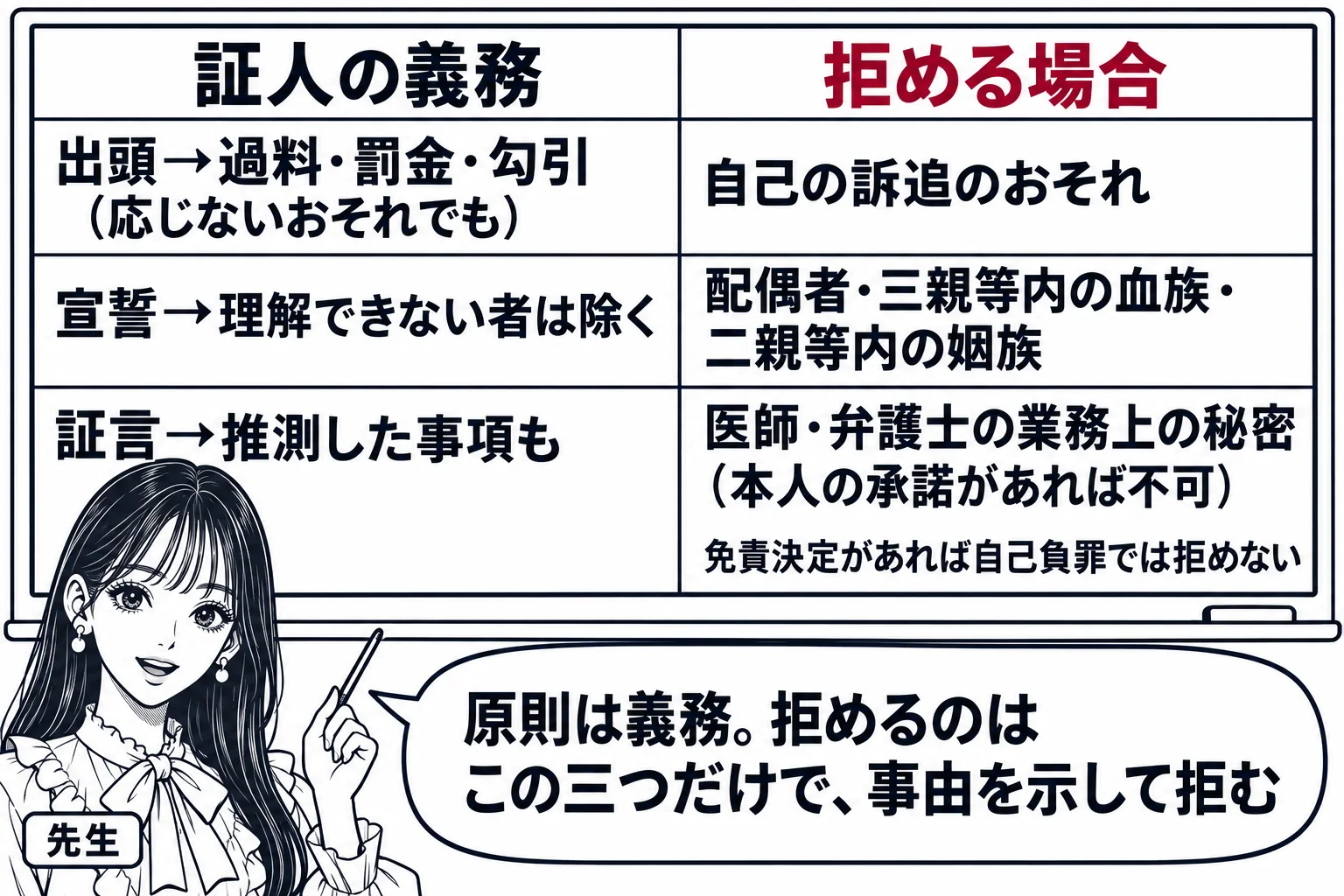 教室の板書の場面。先生が黒板の前に立ち、黒板に二列の表が書かれている。左列の見出し「証人の義務」、その下に「出頭→過料・罰金・勾引（応じないおそれでも）」「宣誓→理解できない者は除く」「証言→推測した事項も」。右列の見出し「拒める場合」、そ