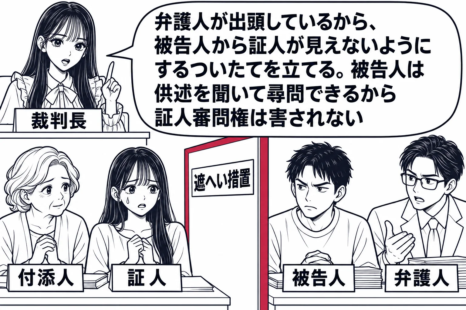 法廷の場面。証言台の女性（札「証人」）と被告人席の男性（札「被告人」）の間に背の高いついたて（札「遮へい措置」）が立っている。証人の隣に座る年配の女性（札「付添人」）。先生が裁判長役（札「裁判長」）で法壇から話している。弁護人席に男性（札「
