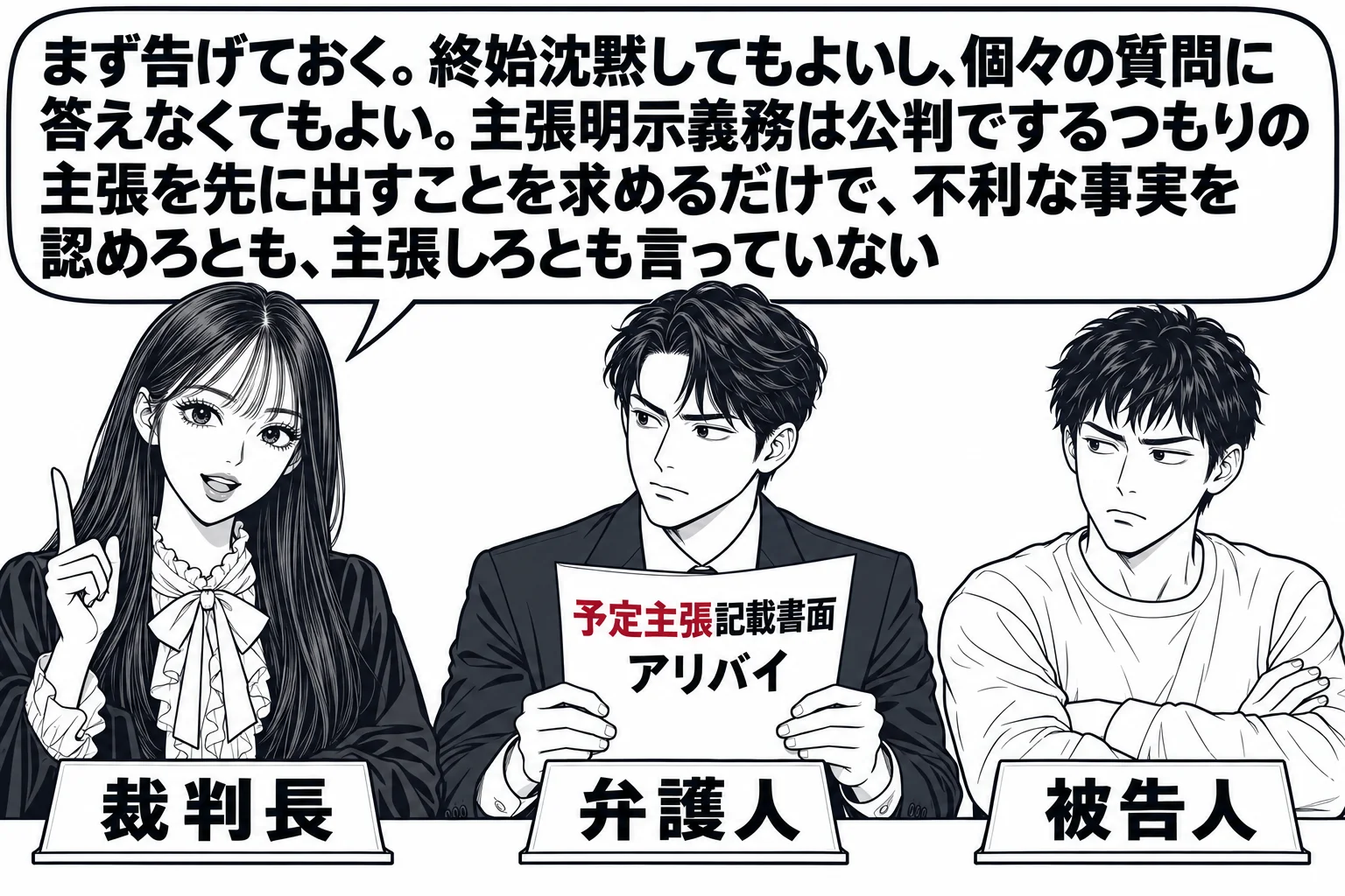 裁判所の準備手続室の場面。先生が裁判長役（札「裁判長」）でテーブルの奥に座り、右に男性の弁護人（札「弁護人」）、その隣に被告人の男性（札「被告人」）が腕を組んで黙っている。弁護人の手元に「予定主張記載書面 アリバイ」と書かれた書類。先生の吹