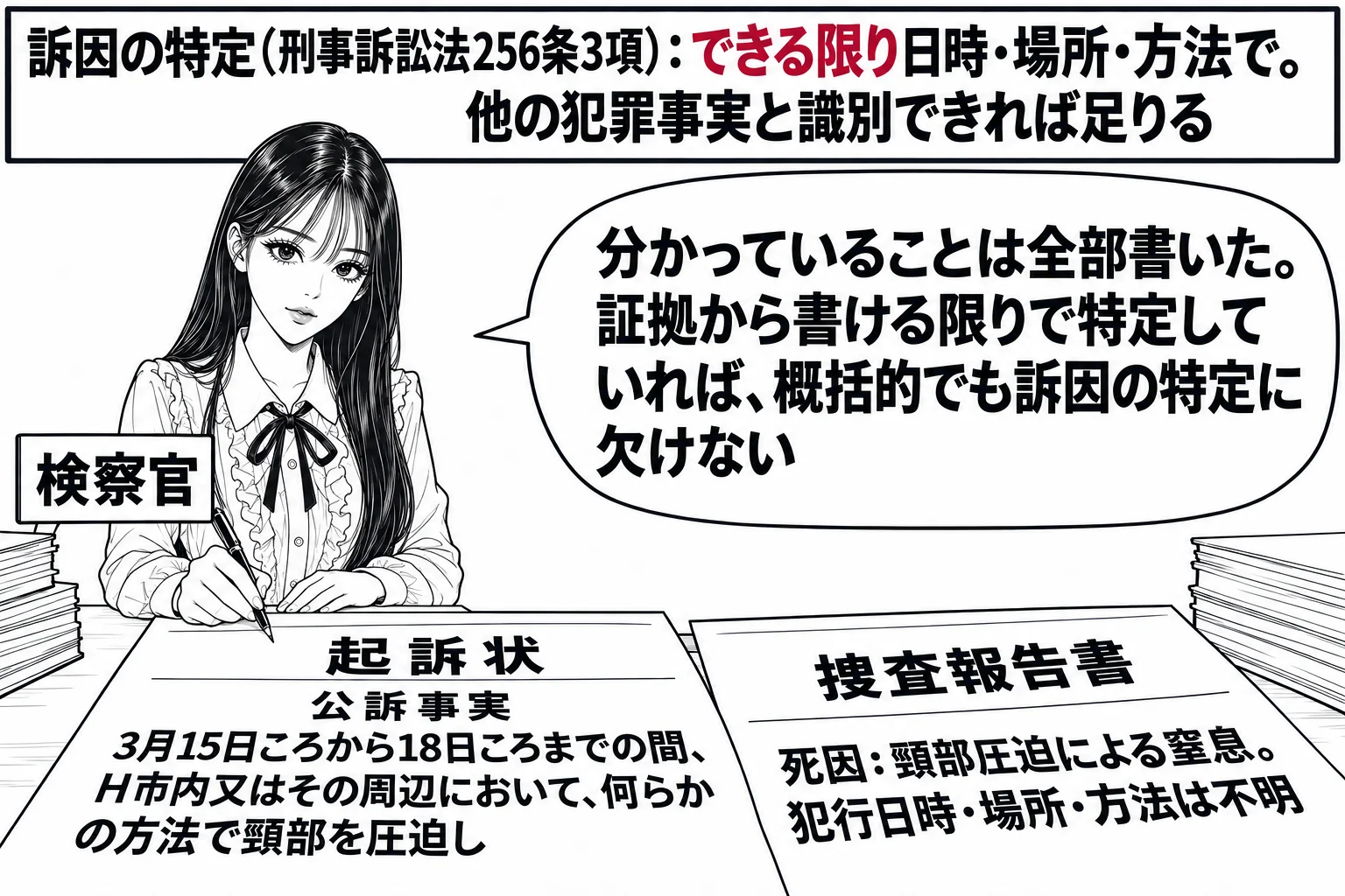 検察庁の検察官室の場面。先生が検察官役（札「検察官」）で机に座り、起訴状を書いている。起訴状の公訴事実欄に「3月15日ころから18日ころまでの間、H市内又はその周辺において、何らかの方法で頸部を圧迫し」と書かれている。机の上に「捜査報告書 