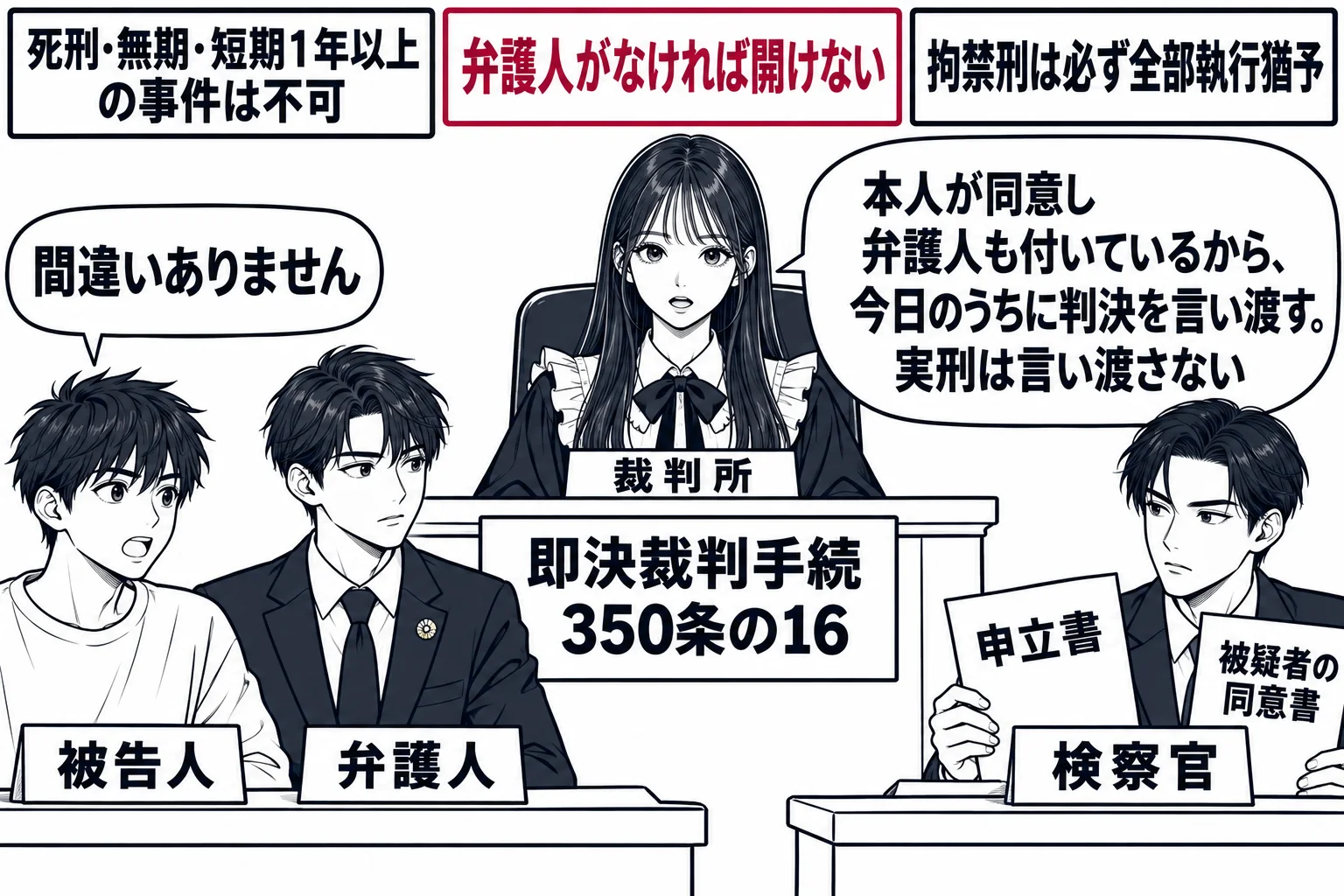 法廷の場面。先生が裁判官役（札「裁判所」）で法壇に座り、法壇の前の札「即決裁判手続 350条の16」。被告人席に若い男性（札「被告人」）と、隣に弁護士バッジの男性（札「弁護人」）が並んで座り、被告人が「間違いありません」と吹き出し。検察官席