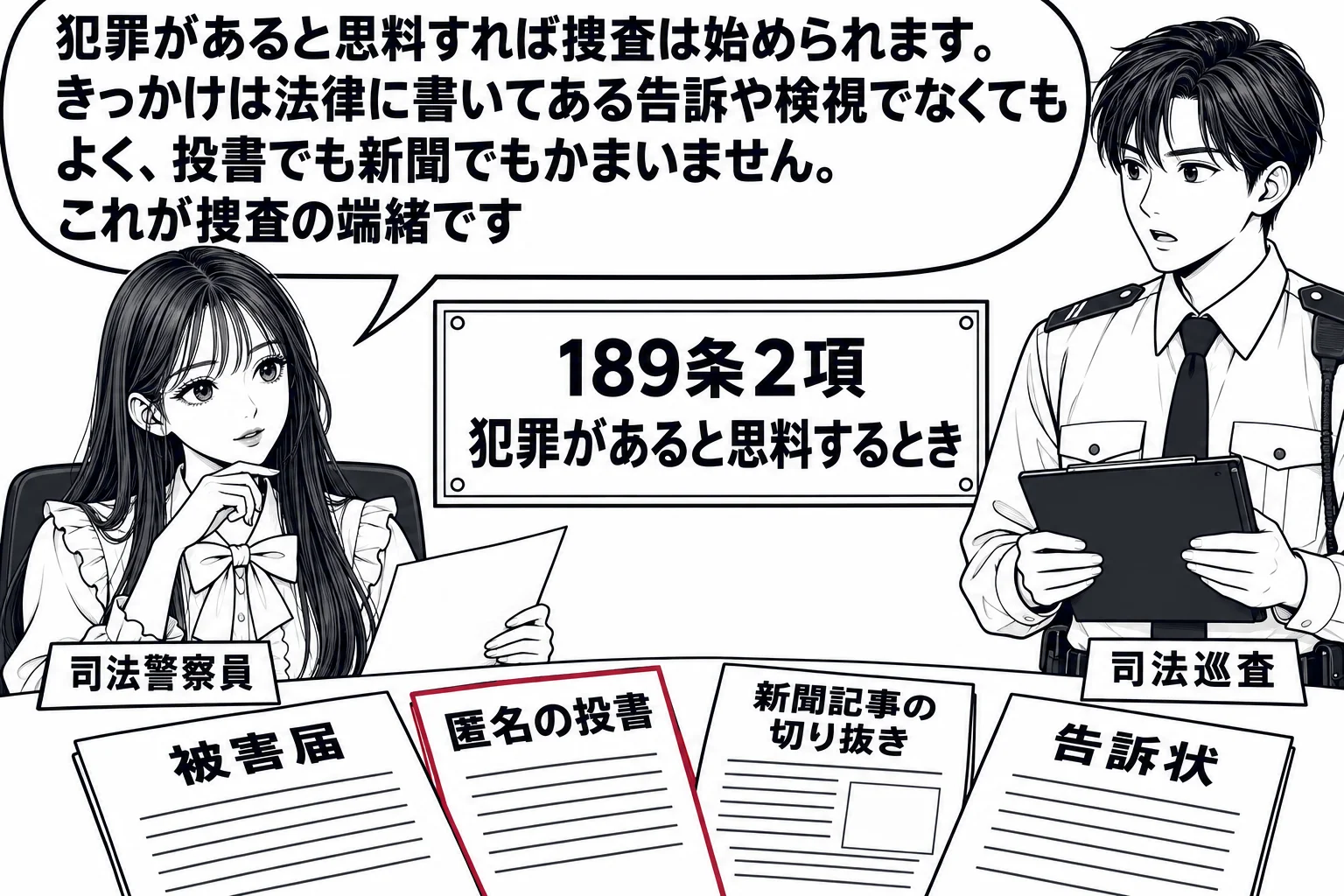 警察署の刑事課の場面。先生が課長役（札「司法警察員」）で机に向かい、机の上に「被害届」「匿名の投書」「新聞記事の切り抜き」「告訴状」と書かれた四つの書類が扇形に並んでいる。向かいに若い男性警察官（札「司法巡査」）が立って報告している。先生の