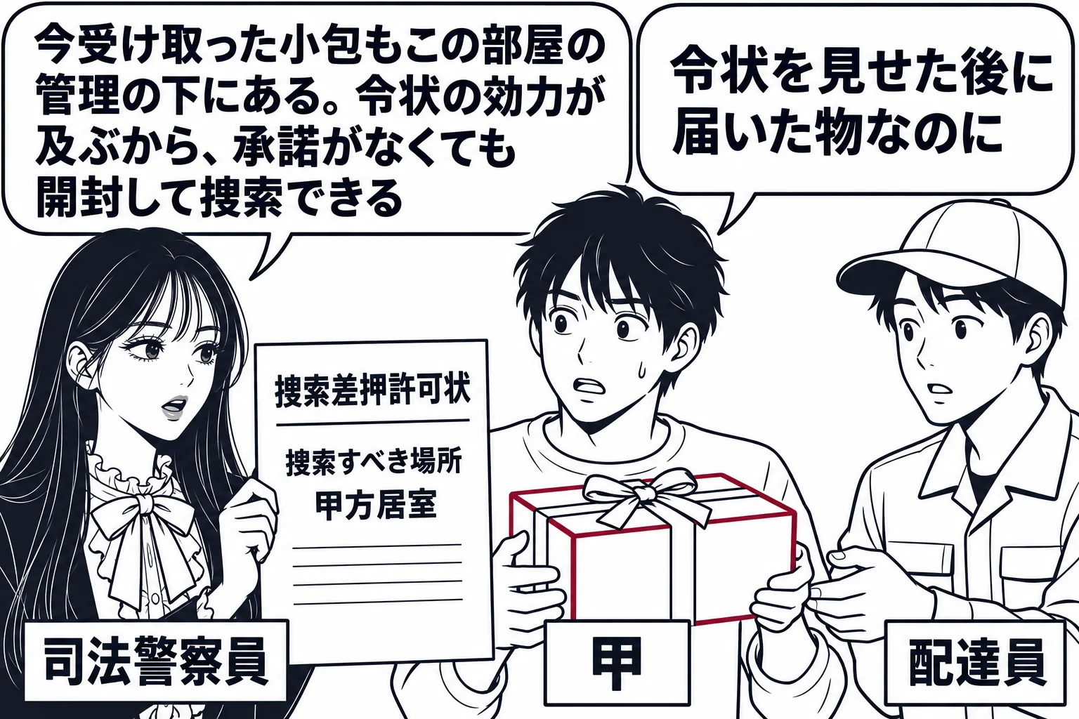 被疑者の自宅の居間の場面。先生が警察官役（札「司法警察員」）で捜索中、玄関で宅配便の配達員の男性（札「配達員」）から小包を受け取ったばかりの男性（札「甲」）の方を向いている。先生の手に「捜索差押許可状 捜索すべき場所 甲方居室」と読める令状