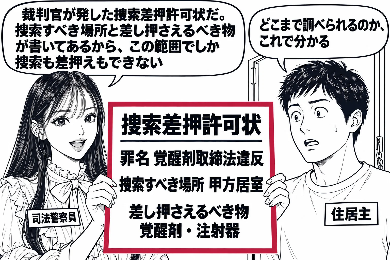 マンションの玄関先の場面。先生が警察官役（札「司法警察員」）で、ドアを開けた男性（札「住居主」）に一枚の令状を両手で示している。令状の紙面に「捜索差押許可状／罪名 覚醒剤取締法違反／捜索すべき場所 甲方居室／差し押さえるべき物 覚醒剤・注射