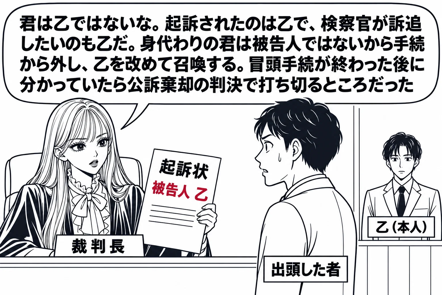 法廷の冒頭手続の場面。先生が裁判長役（札「裁判長」）で法壇に座り、法壇の前に立つ男性（札「出頭した者」）に向かって人定質問をしている。先生の手元の起訴状に「被告人 乙」と書かれ、傍聴席側の廊下に本人の男性（札「乙（本人）」）の小さな姿。先生