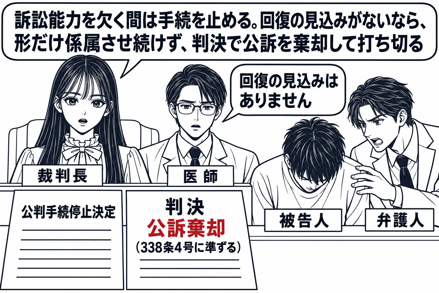 法廷の場面。先生が裁判長役（札「裁判長」）で法壇に座り、被告人席の男性（札「被告人」）はうつむいて弁護人（札「弁護人」）の呼びかけにも反応していない。法壇の脇に白衣の男性（札「医師」）が立ち、小さな吹き出し「回復の見込みはありません」。先生