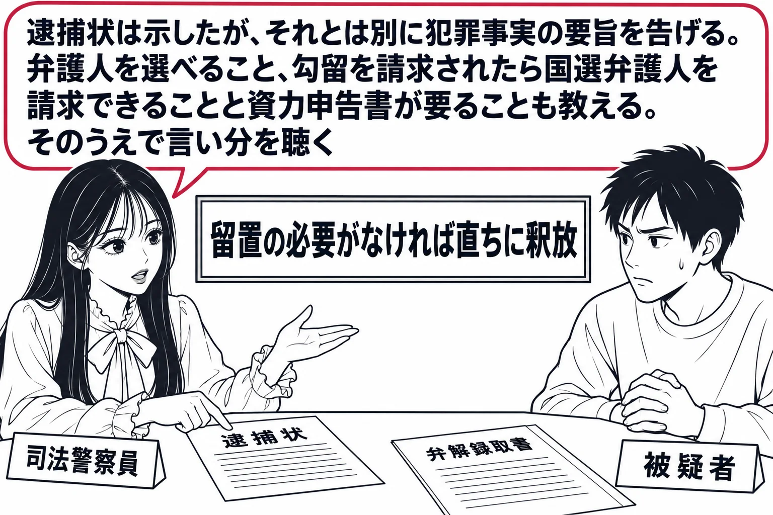 警察署の取調室の場面。先生が警察官役（札「司法警察員」）で机に座り、逮捕状を机に置いて、向かいの男性（札「被疑者」）に向かって話している。机の隅に「弁解録取書」の用紙。先生の吹き出し「逮捕状は示したが、それとは別に犯罪事実の要旨を告げる。弁