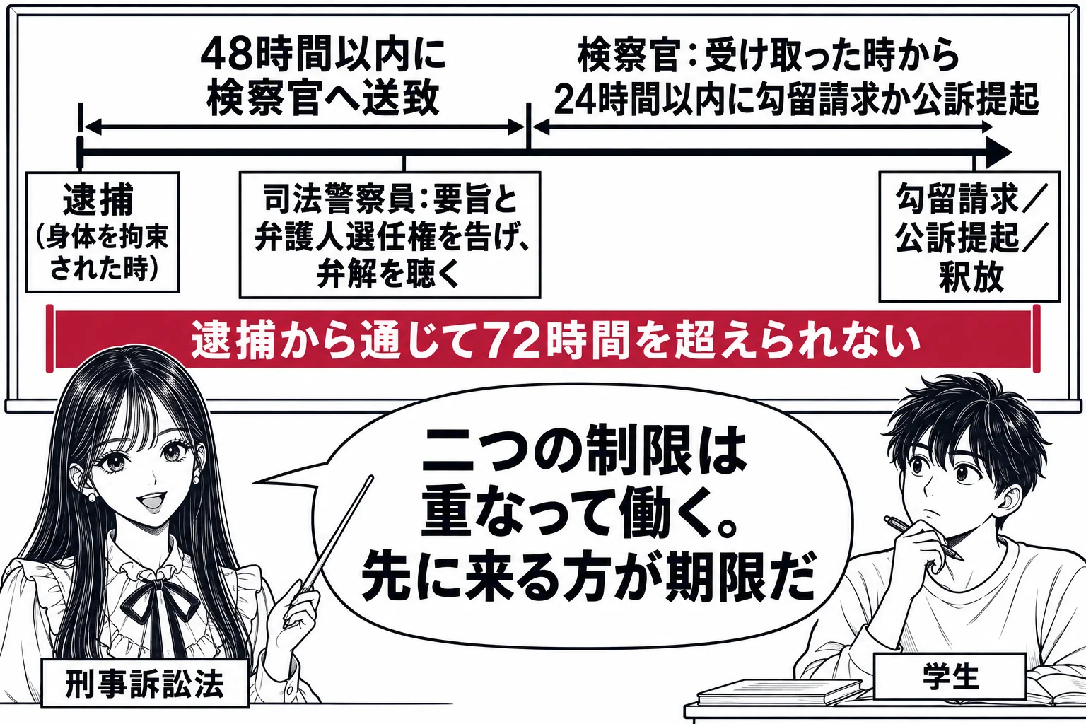 大学の教室の場面。先生が教師役（札「刑事訴訟法」）で黒板の前に立つ。黒板に左から右へ一本の時間の矢印。左端に「逮捕（身体を拘束された時）」の目盛り、その右に「司法警察員：要旨と弁護人選任権を告げ、弁解を聴く」の札、矢印の上に「48時間以内に