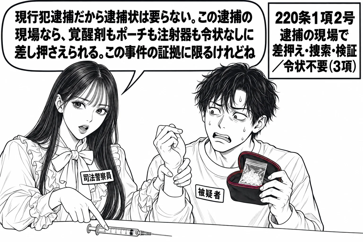 アパートの一室の場面。先生が警察官役（札「司法警察員」）で、覚醒剤の入ったポーチを手にした男性（札「被疑者」）の腕をつかんで現行犯逮捕した直後、もう一方の手で机の上の注射器を指している。先生の吹き出し「現行犯逮捕だから逮捕状は要らない。この