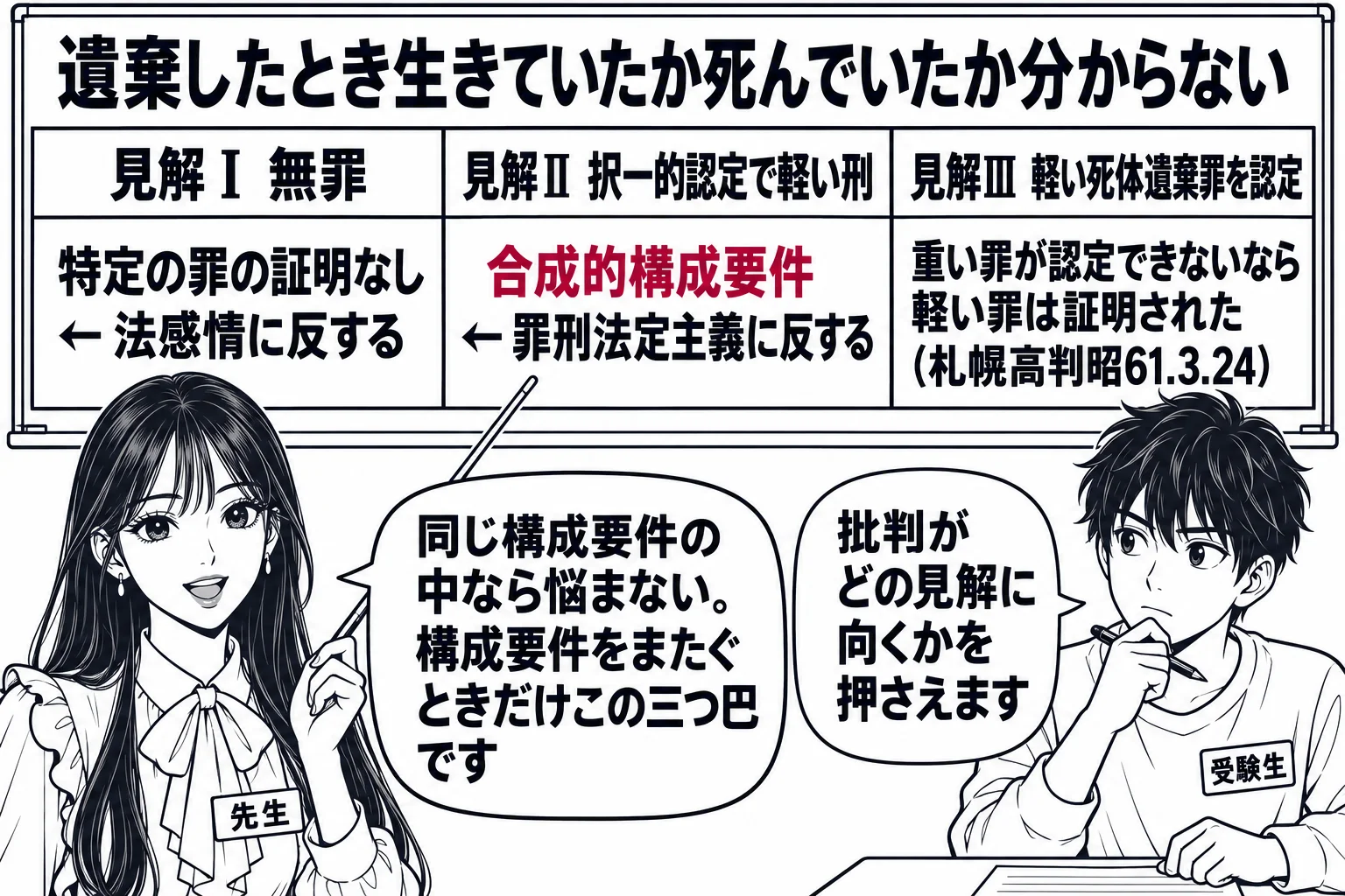 教室の場面。先生が教師役（札「先生」）で黒板の前に立ち、指し棒で板書を指している。黒板の上部に「遺棄したとき生きていたか死んでいたか分からない」と書かれ、その下に三つの枠が横に並ぶ。左の枠「見解Ⅰ 無罪」の下に「特定の罪の証明なし ← 法感