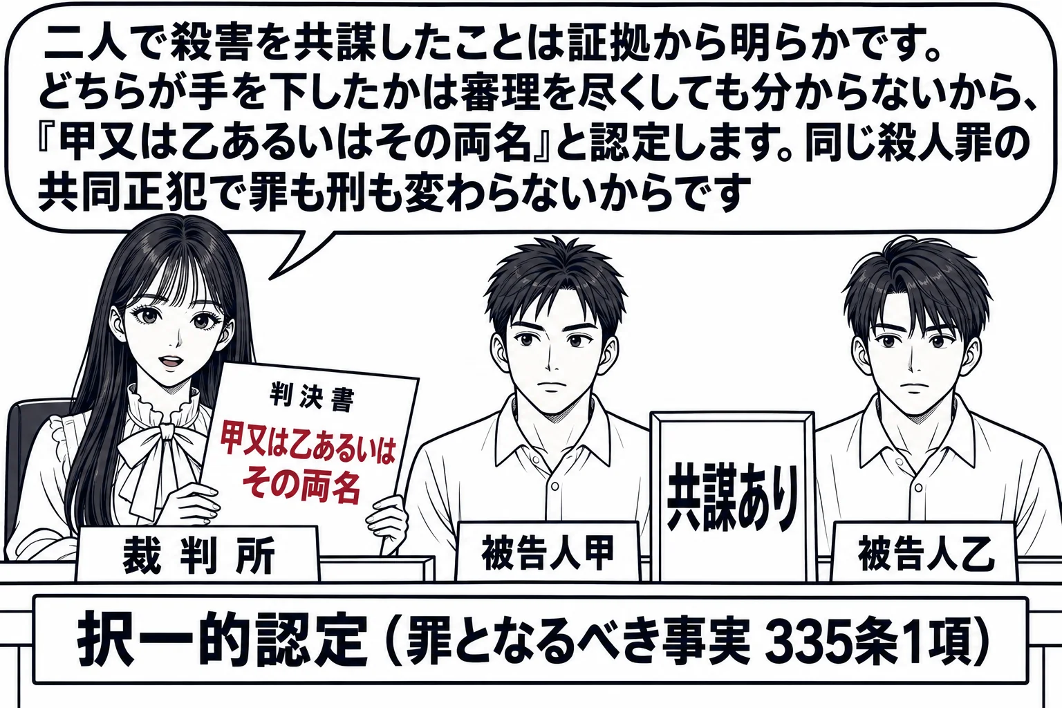 法廷の場面。先生が裁判官役（札「裁判所」）で法壇に座り、判決書を手にしている。被告人席に二人の男性（札「被告人甲」「被告人乙」）が並んで座り、二人の間に「共謀あり」と書かれた札が置かれている。先生の吹き出し「二人で殺害を共謀したことは証拠か