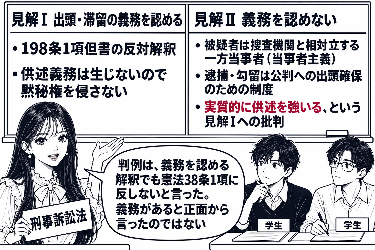 大学の教室の場面。先生が教師役（札「刑事訴訟法」）で黒板の前に立ち、黒板に左右二列の表。左の見出し「見解Ⅰ 出頭・滞留の義務を認める」、その下に「198条1項但書の反対解釈」「供述義務は生じないので黙秘権を侵さない」。右の見出し「見解Ⅱ 義