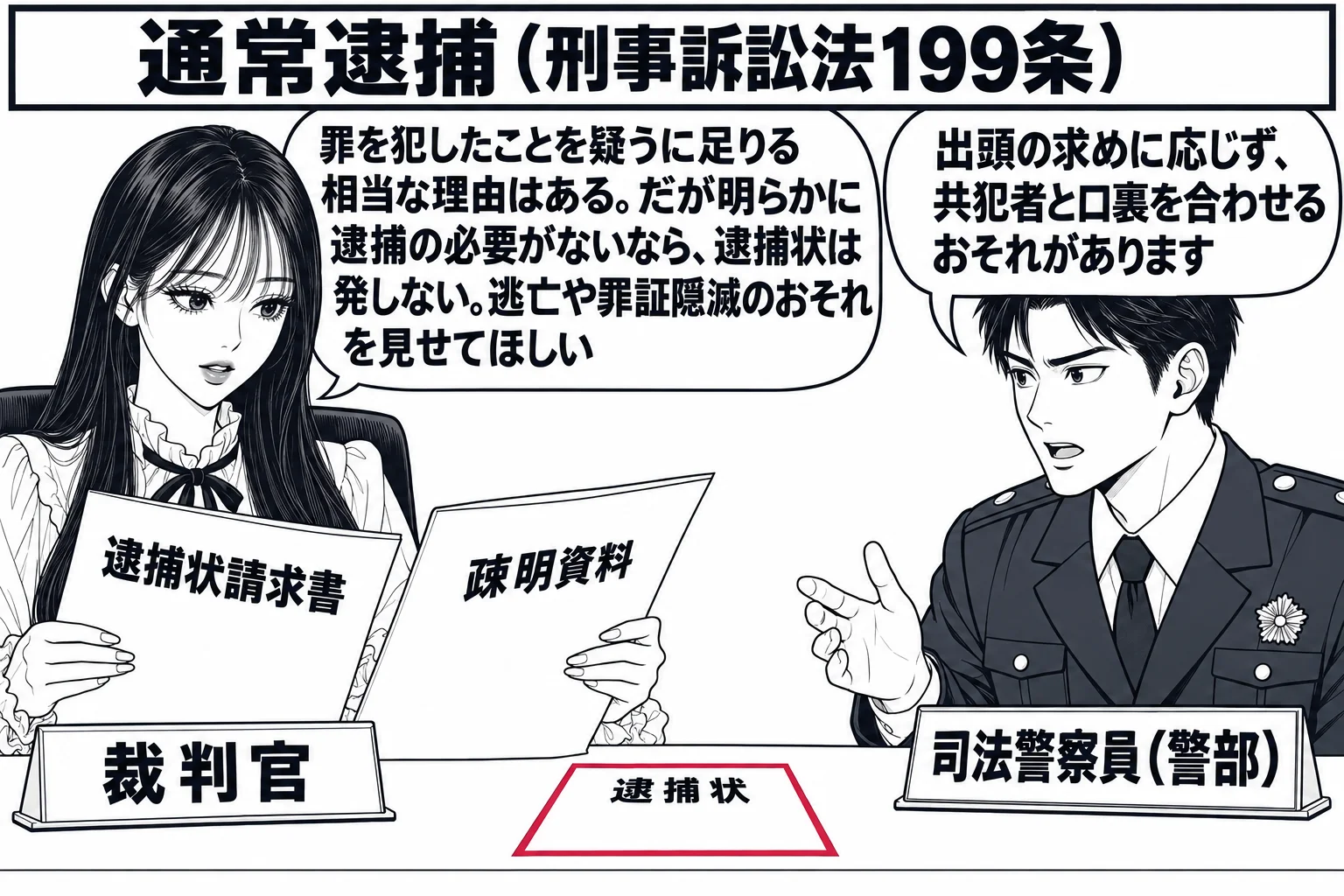 裁判官室で令状を審査する場面。先生が裁判官役（札「裁判官」）で机に座り、手元の「逮捕状請求書」と「疎明資料」を読んでいる。机の前に警察官の男性（札「司法警察員（警部）」）が立っている。机の端に「逮捕状」と書かれた紙が一枚置かれ、まだ判は押さ