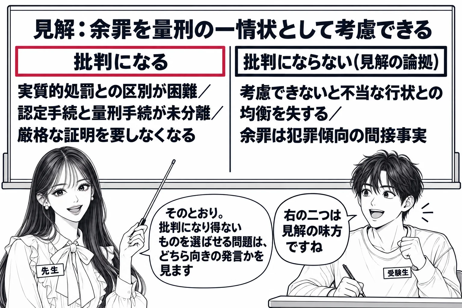 教室の場面。先生が教師役（札「先生」）で黒板の前に立ち、指し棒で板書を指している。黒板の上部に「見解：余罪を量刑の一情状として考慮できる」と書かれ、その下が左右二列に分かれている。左列の見出し「批判になる」の下に「実質的処罰との区別が困難／