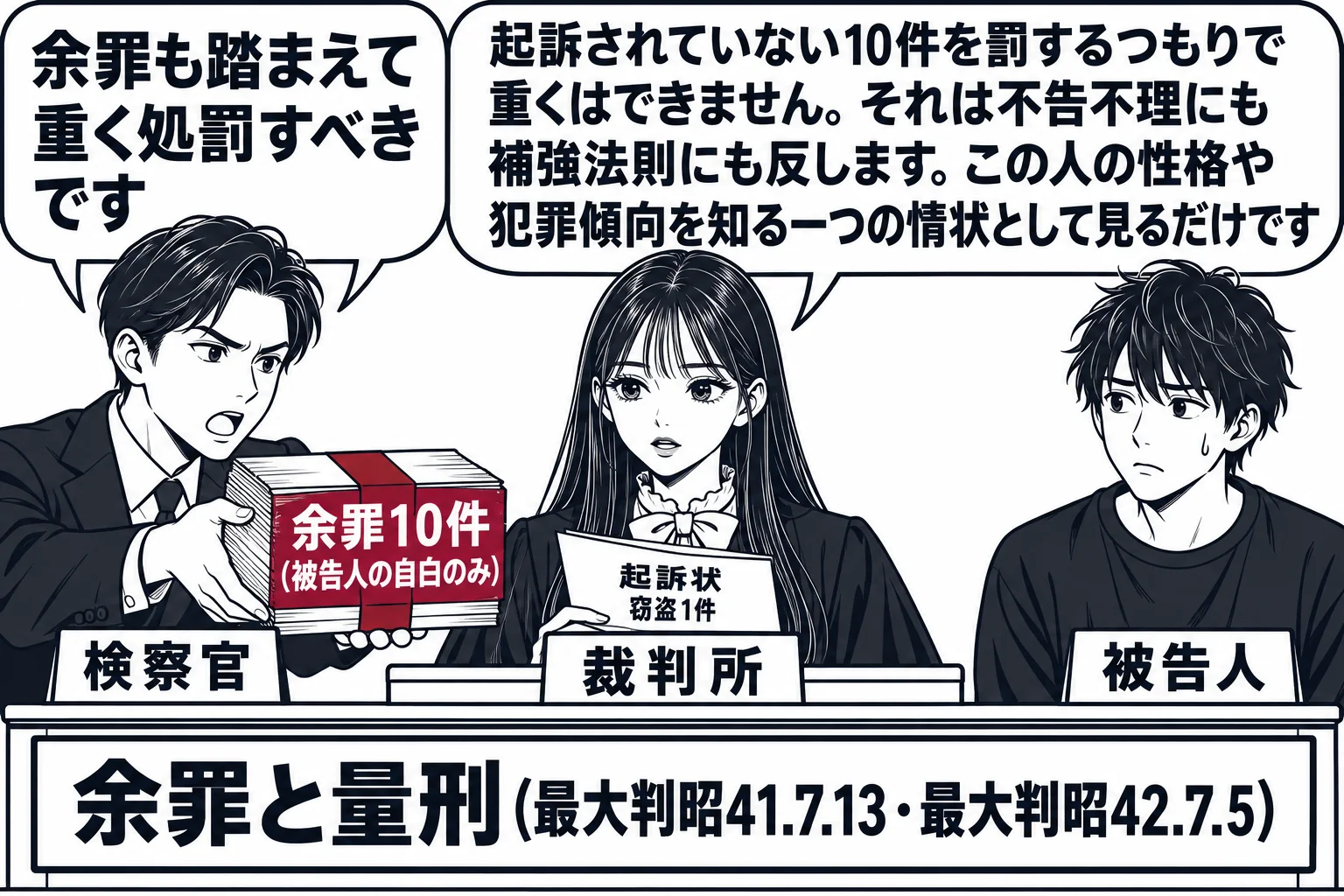 法廷の場面。先生が裁判官役（札「裁判所」）で法壇に座り、手元に「起訴状 窃盗1件」と書かれた薄い書類を置いている。男性の検察官（札「検察官」）が「余罪10件（被告人の自白のみ）」と書かれた分厚い束を差し出し、吹き出し「余罪も踏まえて重く処罰