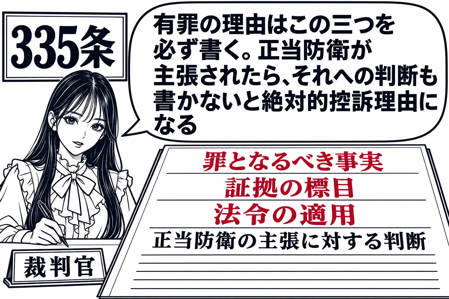 裁判官室の机の場面。先生が裁判官役（札「裁判官」）で判決書を書いている。机の上の判決書に三つの見出し「罪となるべき事実」「証拠の標目」「法令の適用」が並び、その下に小さく「正当防衛の主張に対する判断」と書かれている。先生の吹き出し「有罪の理