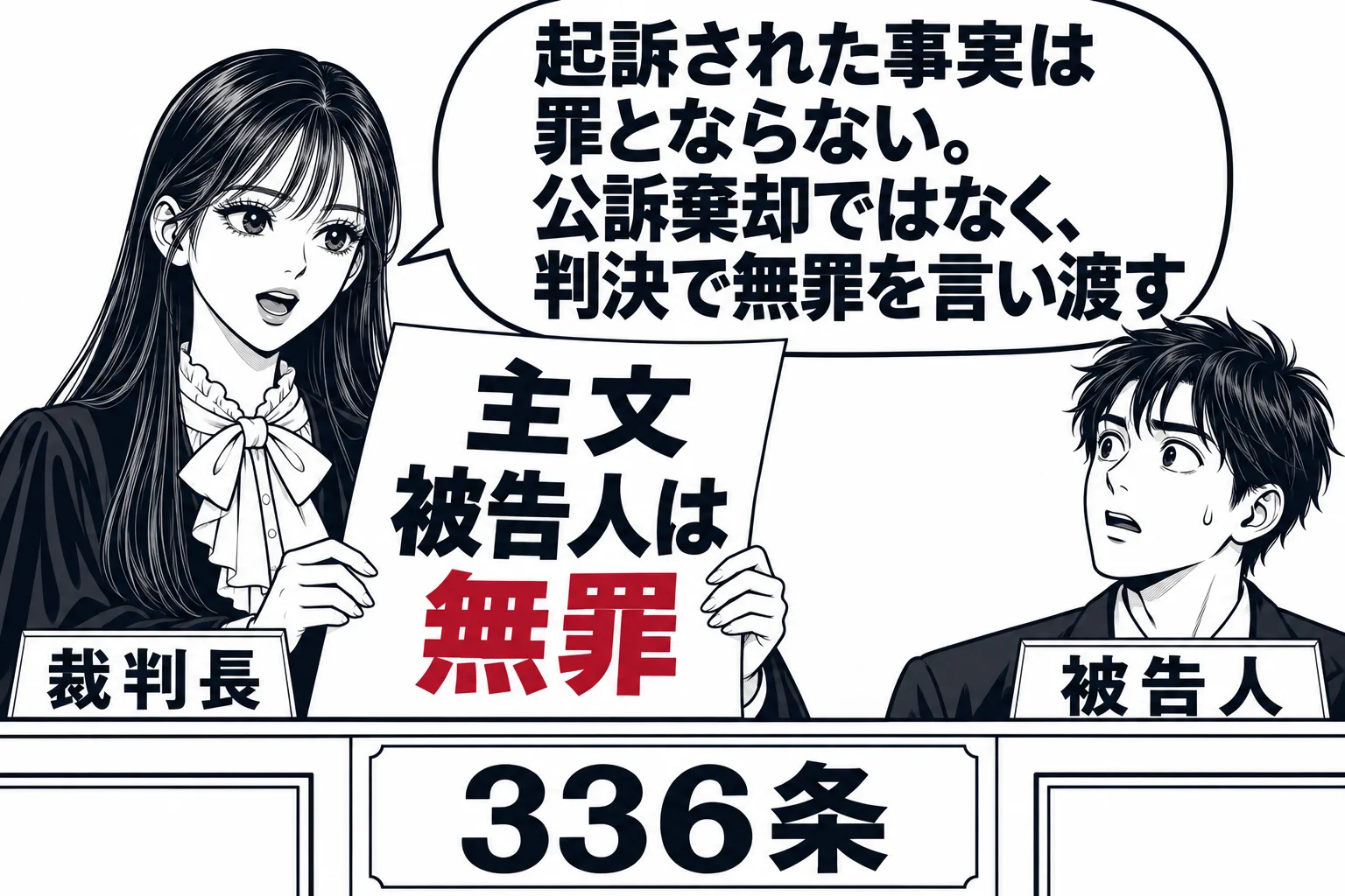 法廷の場面。先生が裁判長役（札「裁判長」）で法壇に立ち、判決書を読んでいる。判決書の紙面に大きく「主文 被告人は無罪」と読める文字。被告人席の男性（札「被告人」）が顔を上げている。先生の吹き出し「起訴された事実は罪とならない。公訴棄却ではな