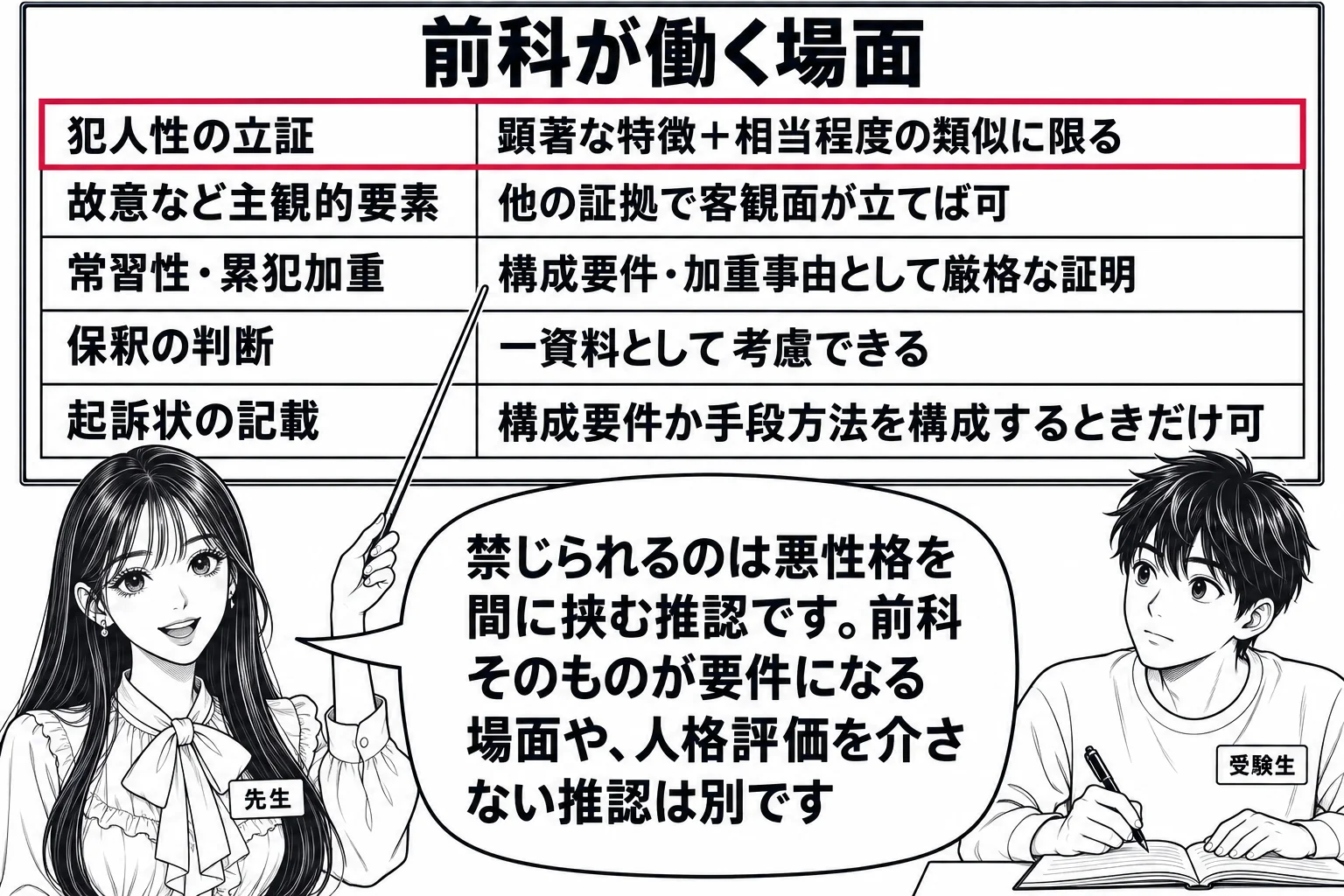 教室の場面。先生が教師役（札「先生」）で黒板の前に立ち、指し棒で板書を指している。黒板には「前科が働く場面」という見出しの下に表が描かれ、左列に「犯人性の立証」「故意など主観的要素」「常習性・累犯加重」「保釈の判断」「起訴状の記載」、右列に