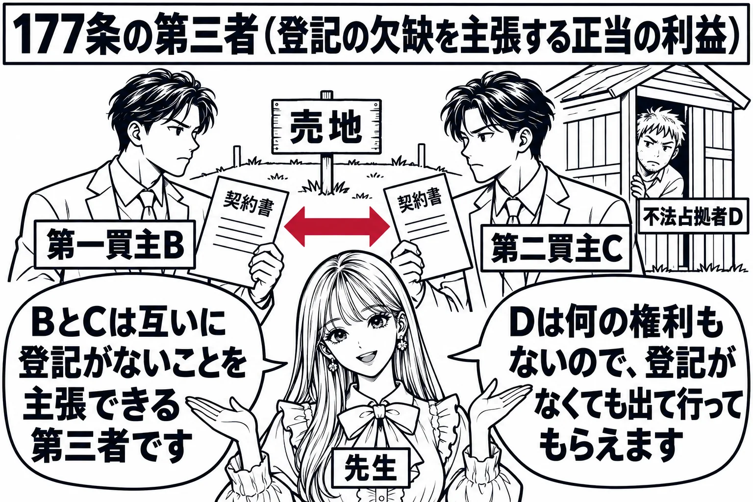 二重譲渡の土地の前の場面。空き地の真ん中に「売地」の古い看板があり、左に男性（札「第一買主B」）、右に別の男性（札「第二買主C」）が契約書を持って向き合い、奥の小屋から無断で住み着いた男性（札「不法占拠者D」）が顔を出している。先生が説明役