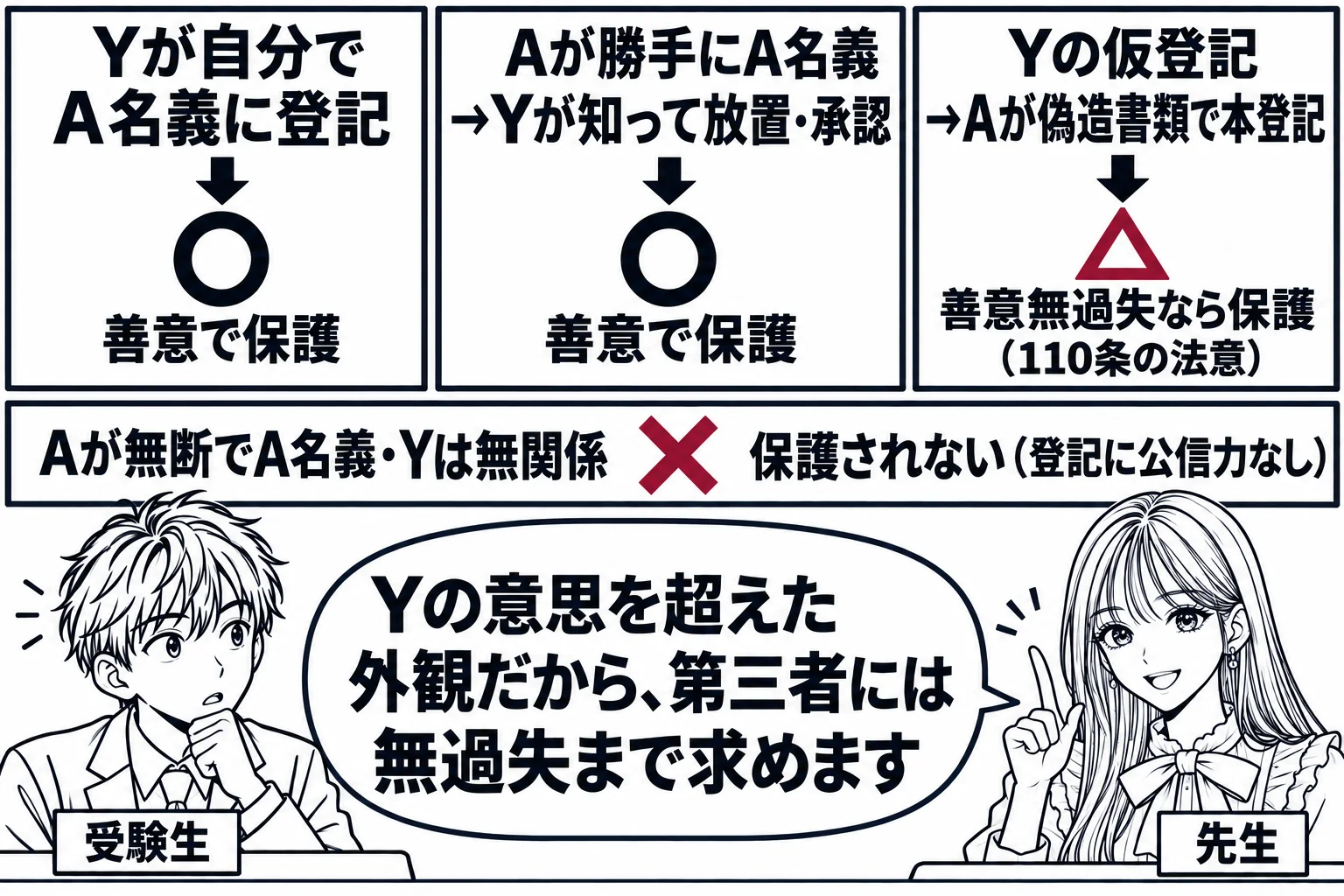 教室の板書の図解。黒板の左から右へ三つの場面が並ぶ。左「Yが自分でA名義に登記」→丸印「善意で保護」。中央「Aが勝手にA名義→Yが知って放置・承認」→丸印「善意で保護」。右「Yの仮登記→Aが偽造書類で本登記」→三角印「善意無過失なら保護（1