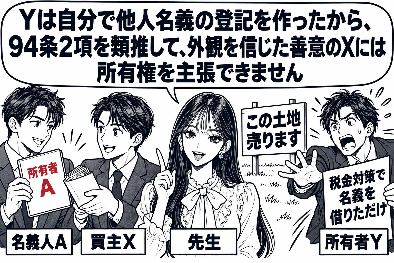 土地の前の場面。看板「この土地 売ります」の横に、男性（札「名義人A」）が登記簿を見せ、男性（札「買主X」）が代金の封筒を渡している。少し離れて、もう一人の男性（札「所有者Y」）が慌てて駆け寄り、手に「税金対策で名義を借りただけ」と書いた紙