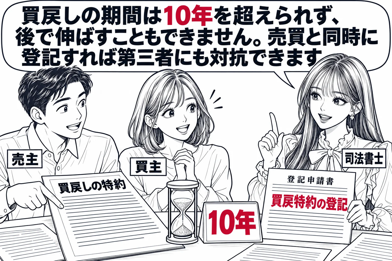 銀行ではなく不動産の売買契約の席の場面。男性（札「売主」）が「買戻しの特約」と書かれた書面を指さし、女性（札「買主」）がうなずいている。机の上に砂時計と「10年」の札。先生が司法書士役（札「司法書士」）で机の横に立ち、登記申請書に「買戻特約