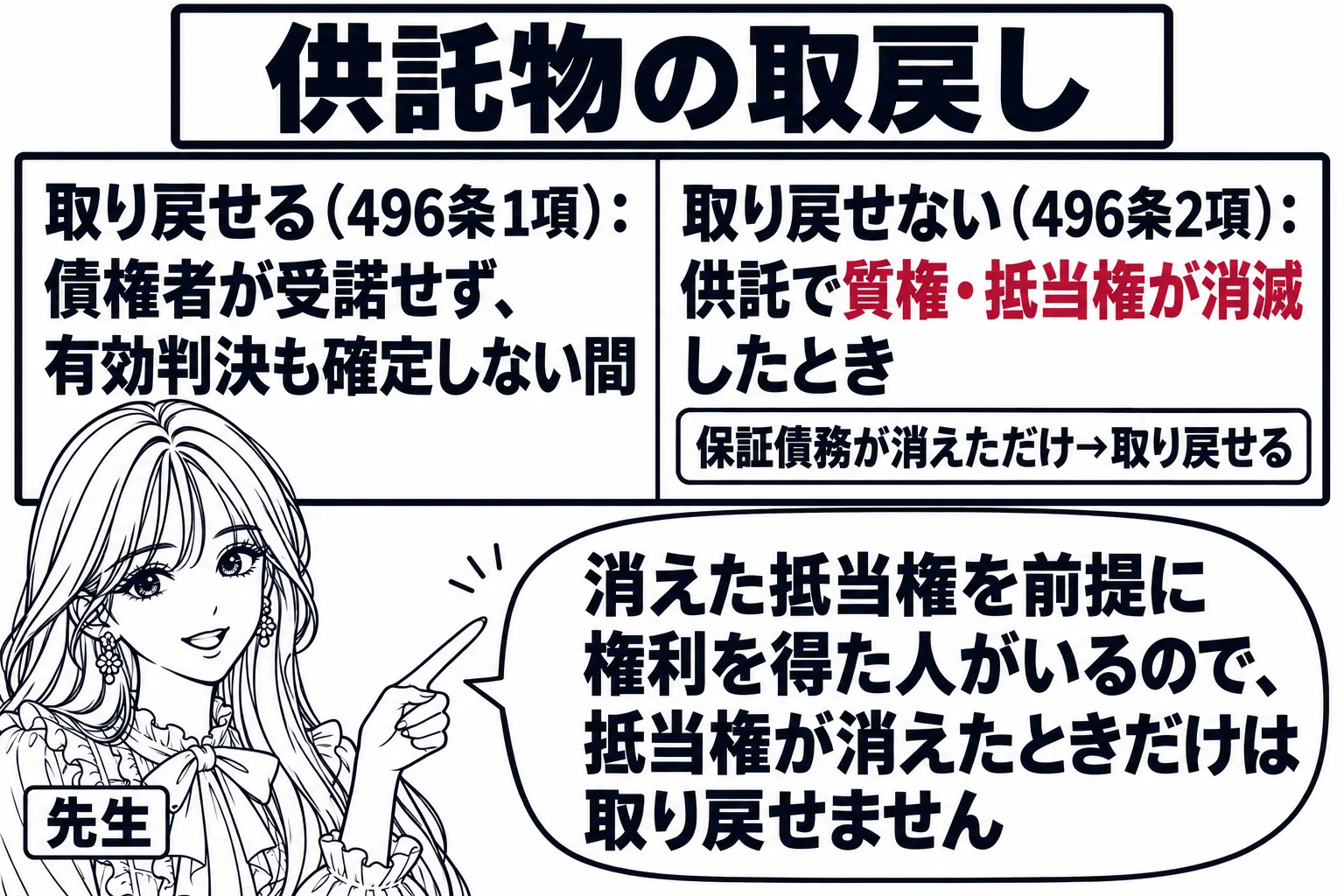 板書の図解。黒板の左に「取り戻せる（496条1項）：債権者が受諾せず、有効判決も確定しない間」、右に「取り戻せない（496条2項）：供託で質権・抵当権が消滅したとき」。右の下に小さく「保証債務が消えただけ→取り戻せる」。先生が教師役（札「先