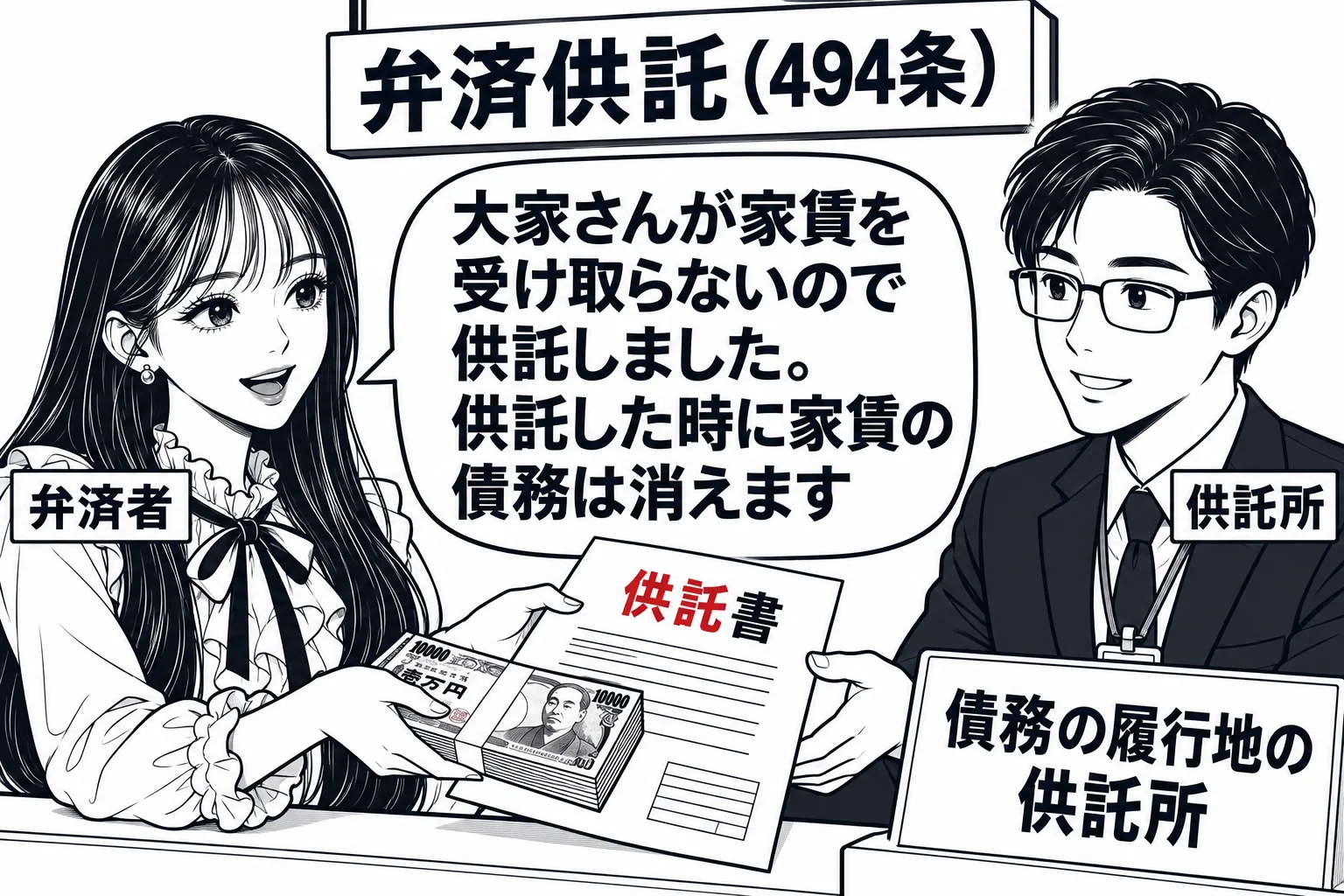 法務局の供託窓口の場面。先生が借主役（札「弁済者」）で、窓口の係員の男性（札「供託所」）に家賃の現金と「供託書」を差し出している。窓口の横の壁に貼り紙「債務の履行地の供託所」。先生の吹き出し「大家さんが家賃を受け取らないので供託しました。供