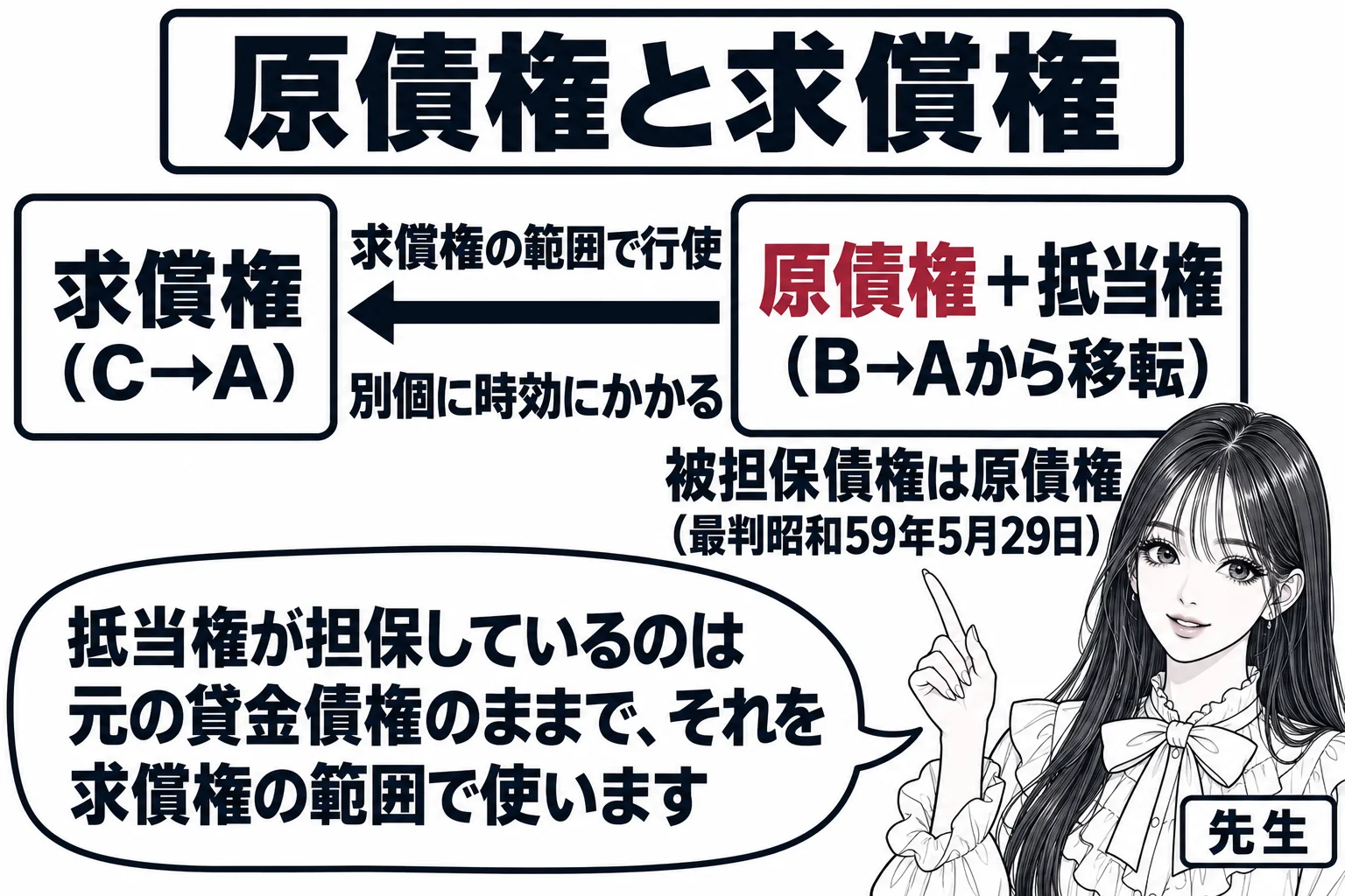 板書の図解。黒板の左に「求償権（C→A）」、右に「原債権＋抵当権（B→Aから移転）」の二つの箱があり、右の箱から左の箱へ「求償権の範囲で行使」という矢印が伸びている。右の箱の下に「被担保債権は原債権（最判昭和59年5月29日）」、二つの箱の