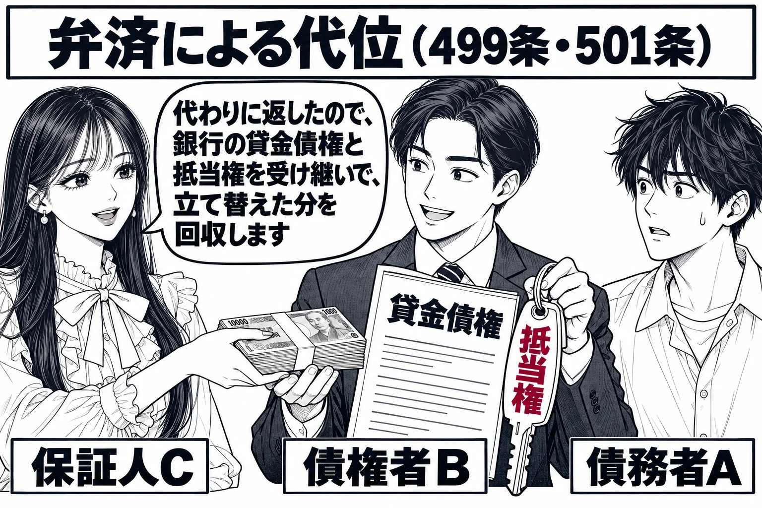 銀行の応接室の場面。先生が保証人役（札「保証人C」）で、銀行員の男性（札「債権者B」）に現金を渡し、代わりに「貸金債権」と書かれた書類と「抵当権」と書かれた鍵を受け取っている。部屋の隅で借主の男性（札「債務者A」）が見ている。先生の吹き出し