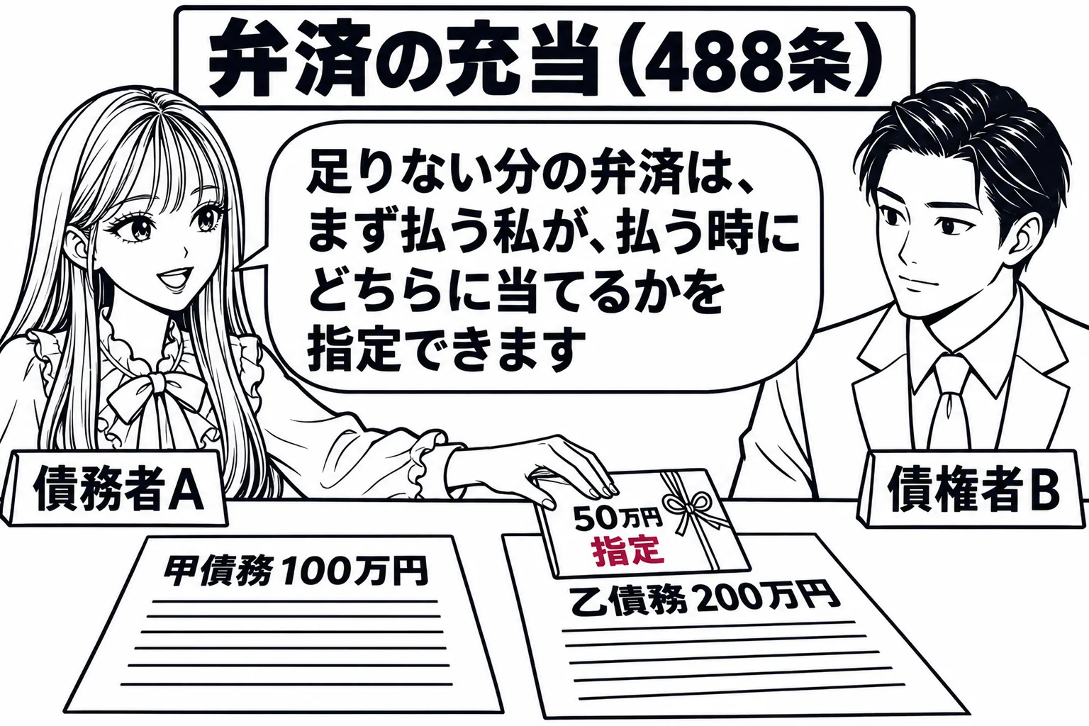 金融業者の事務所の机の場面。机の上に二枚の借用書「甲債務100万円」「乙債務200万円」が並び、先生が借主役（札「債務者A」）で現金50万円の封筒を「乙債務」の借用書の上に置いている。向かいに男性（札「債権者B」）が座っている。先生の吹き出