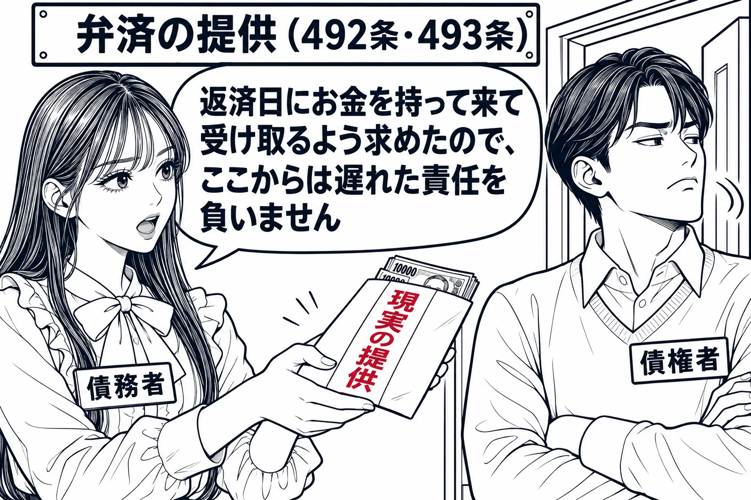 貸主の家の玄関先の場面。先生が借主役（札「債務者」）で、返済日に現金の入った封筒を両手で差し出している。玄関の内側で男性（札「債権者」）が腕を組んで顔をそむけている。先生の吹き出し「返済日にお金を持って来て受け取るよう求めたので、ここからは