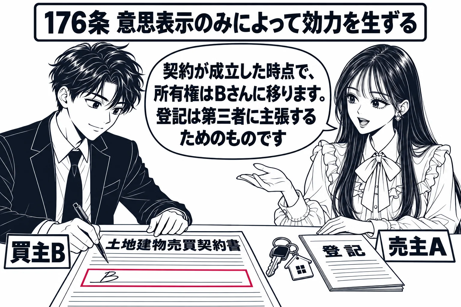不動産の売買契約の席の場面。机の上に「土地建物売買契約書」と書かれた書類があり、男性（札「買主B」）がペンで署名している。向かいに先生が売主役（札「売主A」）で座り、鍵と登記の書類はまだ先生の手元にある。先生の吹き出し「契約が成立した時点で