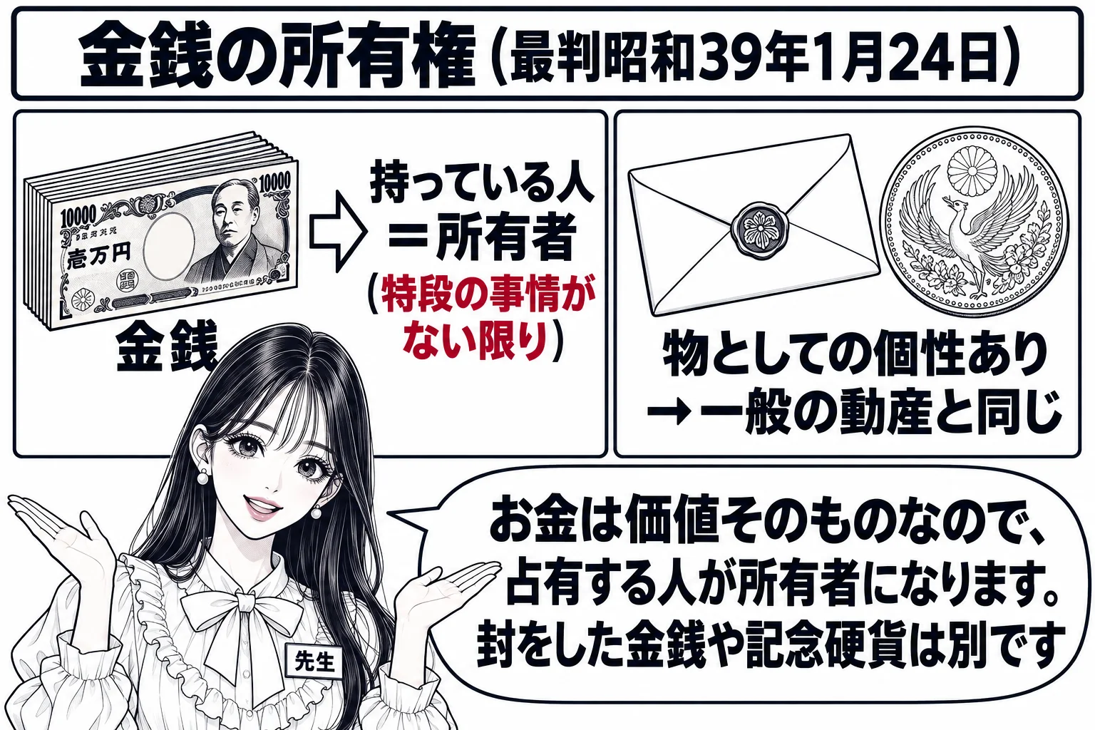 板書の図解。黒板の左に一万円札の束の絵と「金銭」、矢印で「持っている人＝所有者（特段の事情がない限り）」。右に封をした封筒と記念硬貨の絵と「物としての個性あり→一般の動産と同じ」。先生が教師役（札「先生」）で左右を順に指している。先生の吹き