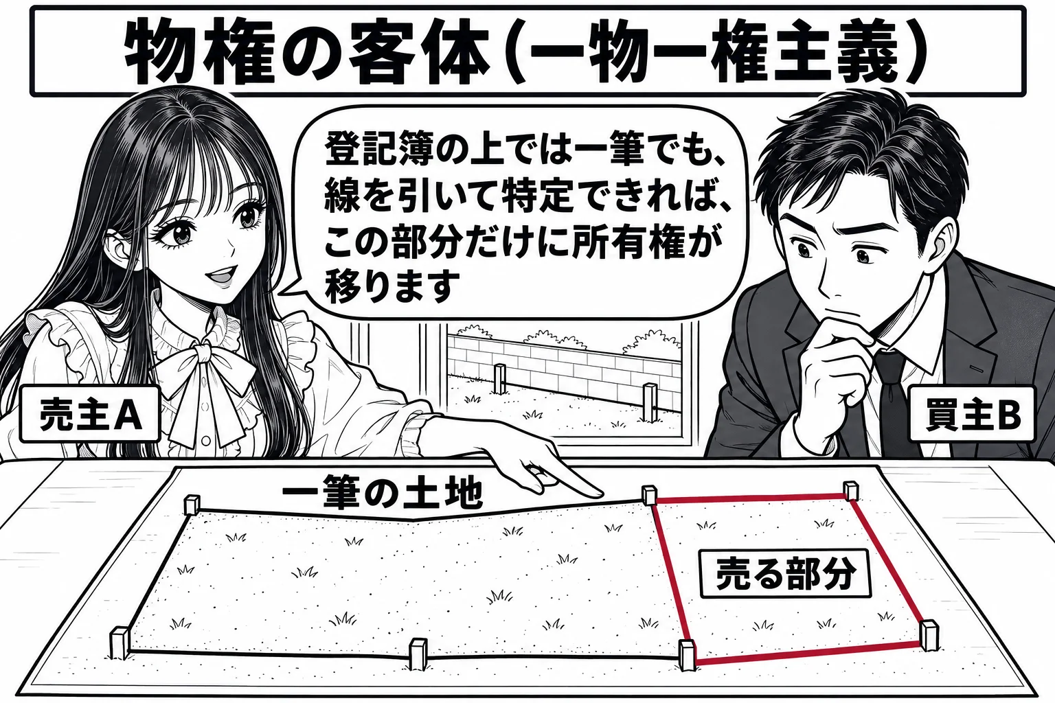不動産の売買契約の席の場面。机の上に大きな土地の図面が広げられ、一筆の土地の中に太い線が引かれて右端の区画だけが囲まれている。図面の上部に「一筆の土地」と書かれ、囲まれた区画に「売る部分」の札。先生が売主役（札「売主A」）で区画を指し、向か