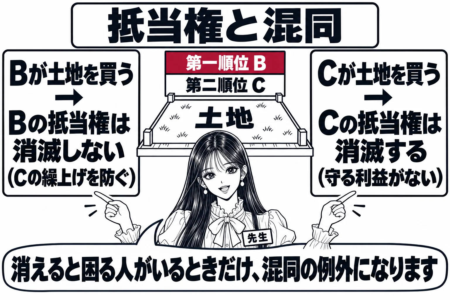 板書の図解。黒板に土地の絵があり、その上に「第一順位 B」「第二順位 C」と二段の帯。左側に「Bが土地を買う→Bの抵当権は消滅しない（Cの繰上げを防ぐ）」、右側に「Cが土地を買う→Cの抵当権は消滅する（守る利益がない）」と書かれている。先生