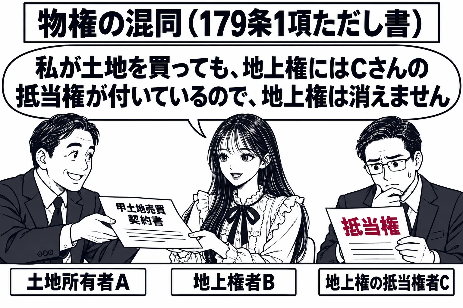 土地の売買契約の席の場面。机の上に「甲土地売買契約書」。先生が地上権者役（札「地上権者B」）で、売主の男性（札「土地所有者A」）から契約書を受け取っている。先生の横に銀行員の男性（札「地上権の抵当権者C」）が座り、心配そうに書類を見ている。