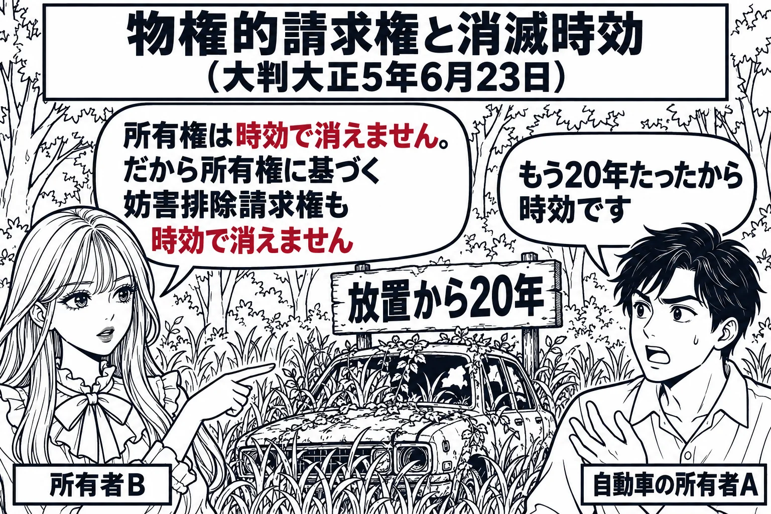 山林の場面。木々の間に草に埋もれた古い自動車があり、横に「放置から20年」と書いた札が立っている。先生が山林の所有者役（札「所有者B」）で自動車を指し、向かいの男性（札「自動車の所有者A」）が「もう20年たったから時効です」と言っている。先