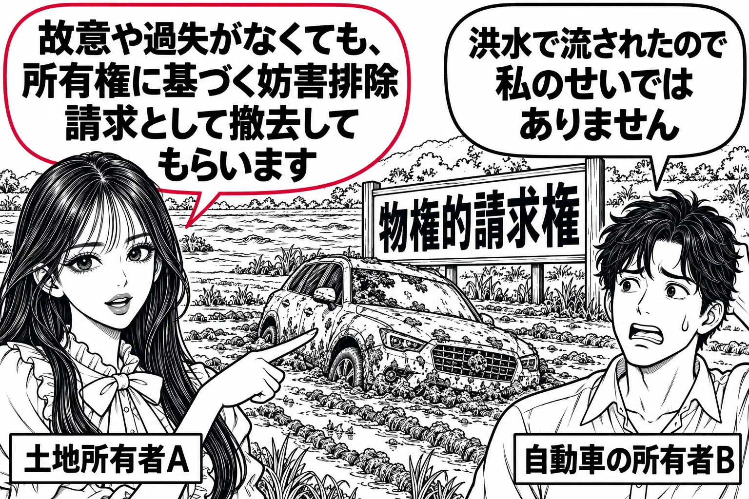 大雨の翌日の畑の場面。畑の真ん中に泥をかぶった自動車が斜めに止まっていて、遠くに増水した川が見える。畑の持ち主として先生（札「土地所有者A」）が自動車を指さし、隣で困った顔の男性（札「自動車の所有者B」）が「洪水で流されたので私のせいではあ