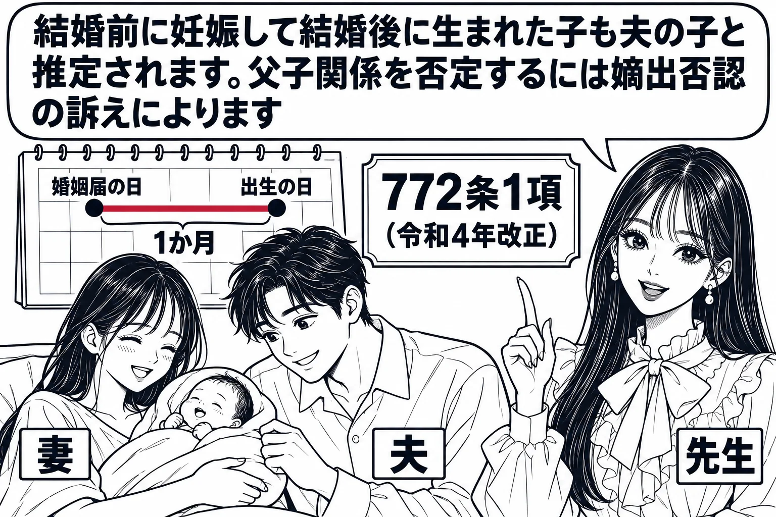 産婦人科の病室の場面。ベッドの横で女性（札「妻」）が赤ちゃんを抱き、男性（札「夫」）がのぞき込んでいる。壁のカレンダーに「婚姻届の日」と「出生の日」の印があり、その間が「1か月」。先生が説明役（札「先生」）で立ち、吹き出し「結婚前に妊娠して