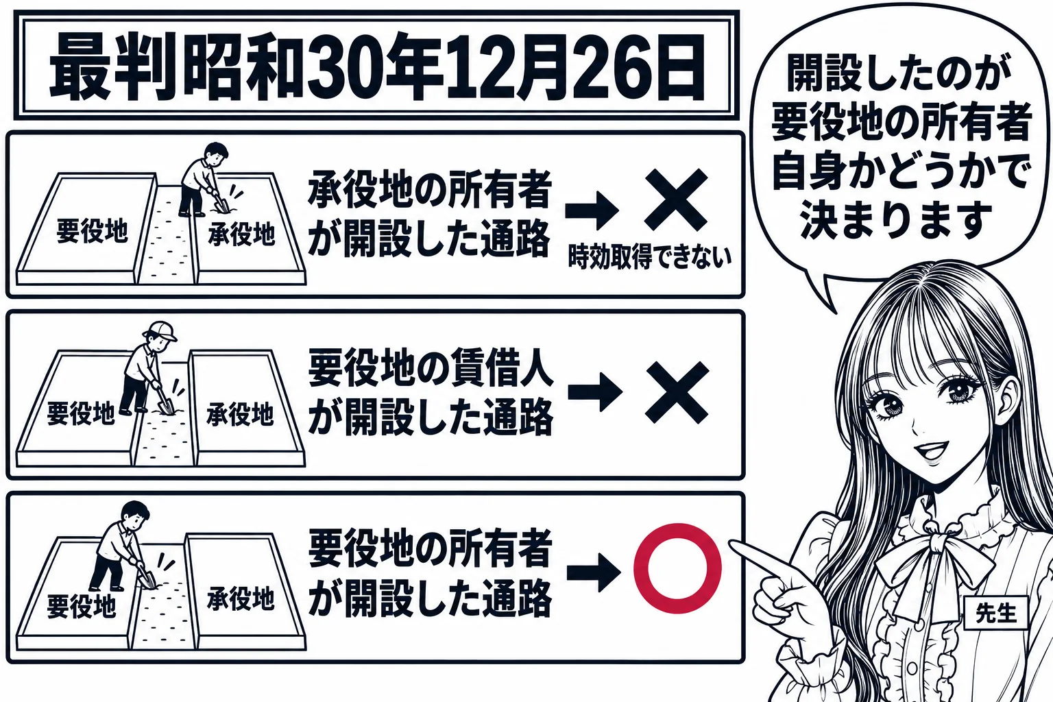 板書の図解。上段に「承役地の所有者が開設した通路」→「×時効取得できない」、中段に「要役地の賃借人が開設した通路」→「×」、下段に「要役地の所有者が開設した通路」→「○」。三つの通路の絵が並ぶ。先生が教師役（札「先生」）で下段を指している。