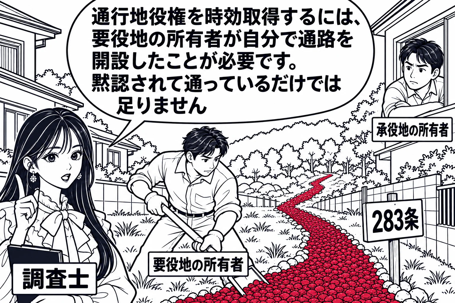 裏山のふもとの場面。手前の家の土地（札「要役地の所有者」）の男性が、隣の空き地にスコップで砂利を敷き、通路を作っている。隣の家の窓から男性（札「承役地の所有者」）が眺めている。先生が土地家屋調査士役（札「調査士」）で通路の入口に立つ。先生の