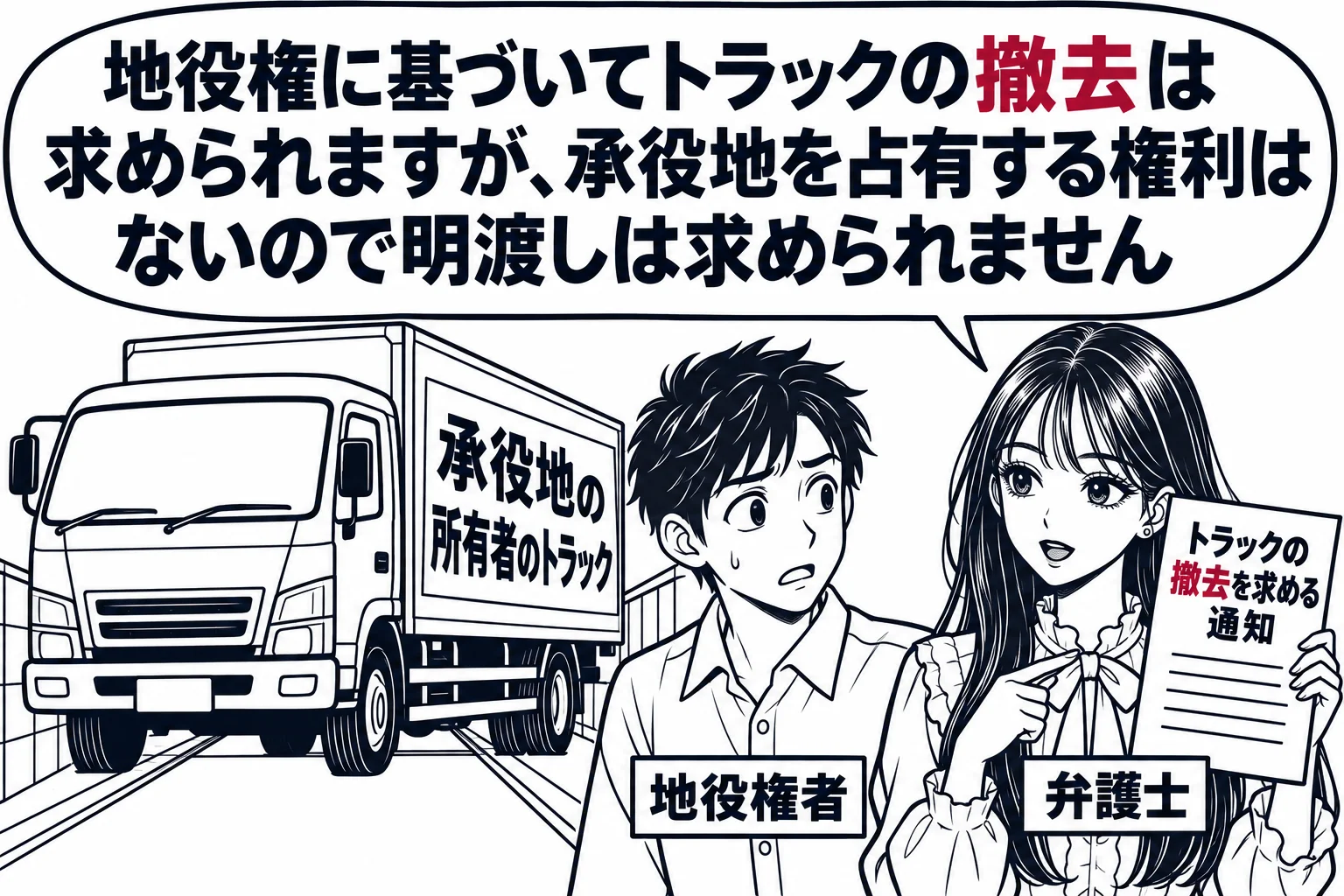 通路の上に大型トラック（札「承役地の所有者のトラック」）が止められ、男性（札「地役権者」）が通れずに立ち止まっている場面。先生が弁護士役（札「弁護士」）で地役権者の横に立ち、書面を持っている。書面の題「トラックの撤去を求める通知」。先生の吹