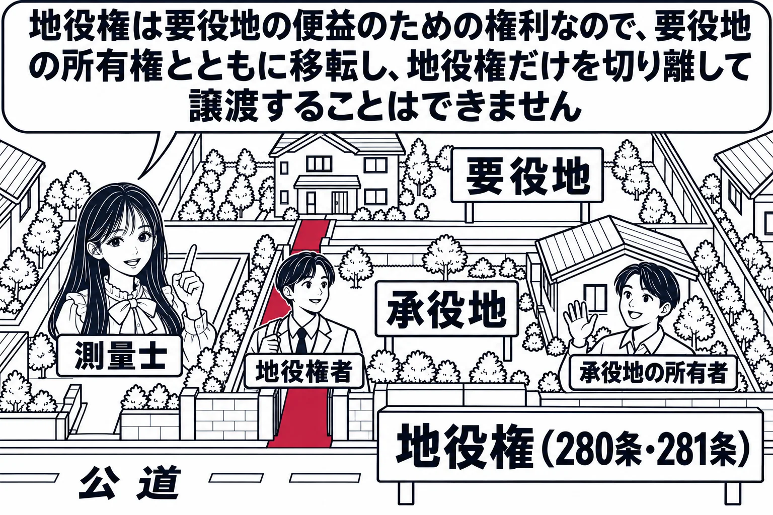 住宅地の場面。奥の家の土地（札「要役地」）から、手前の隣家の土地（札「承役地」）の端を通る細い通路が公道へ伸びている。通路の上を男性（札「地役権者」）が歩き、隣家の庭先で男性（札「承役地の所有者」）が見送っている。先生が測量士役（札「測量士
