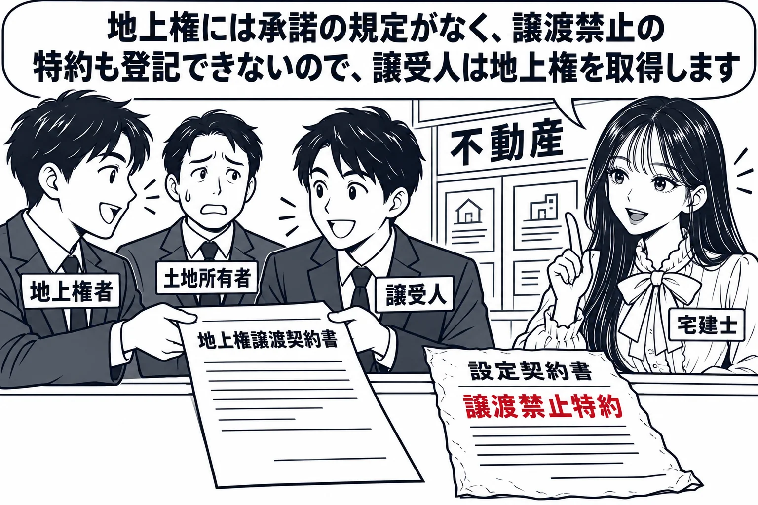 不動産会社の店頭の場面。カウンターの上に「地上権譲渡契約書」と「譲渡禁止特約」と書かれた古い設定契約書が並んでいる。男性（札「地上権者」）が男性（札「譲受人」）に契約書を渡している。後ろで土地の所有者の男性（札「土地所有者」）が困った顔をし