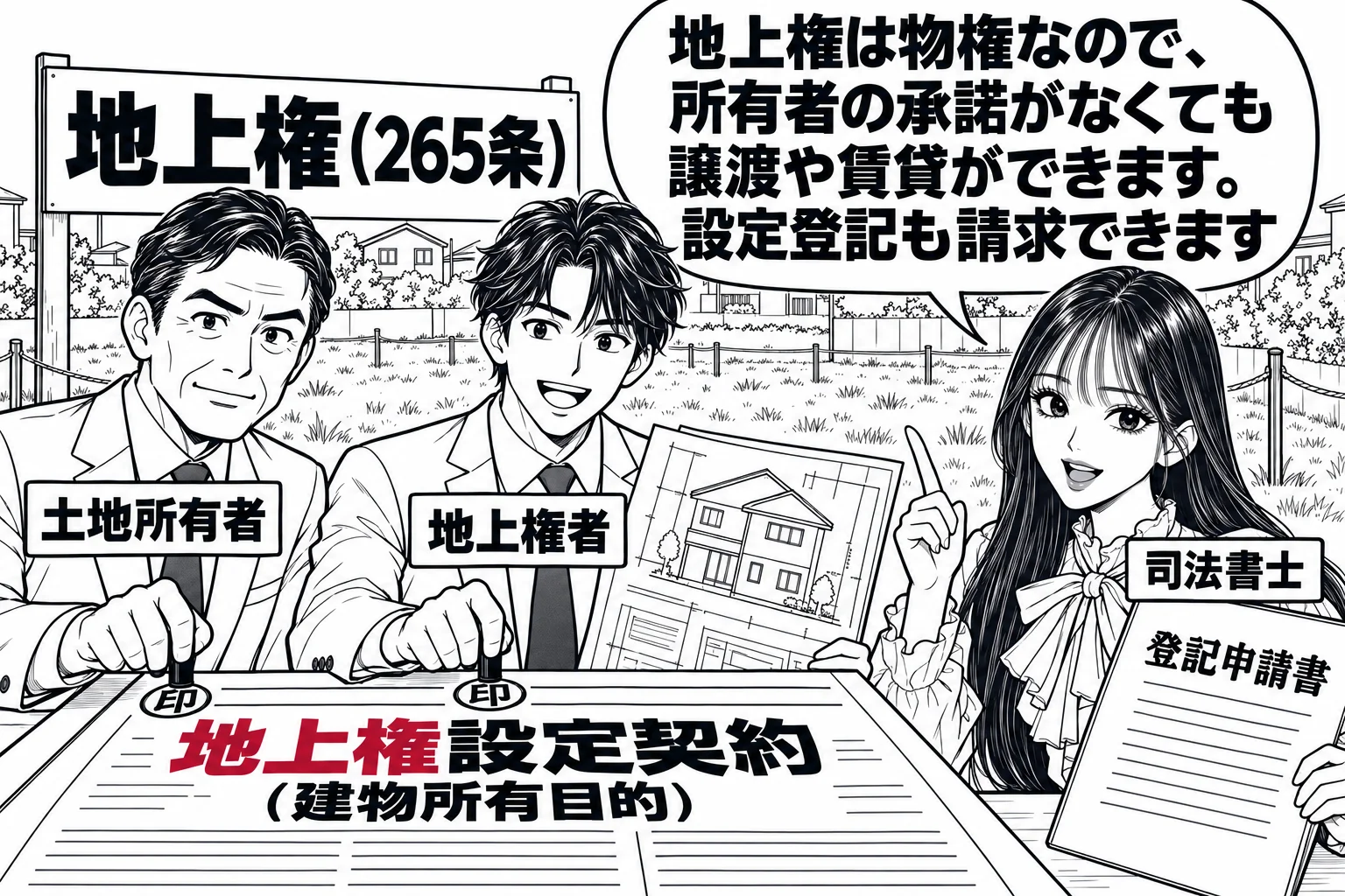 郊外の空き地の前の場面。土地の所有者の男性（札「土地所有者」）と、家の設計図を持つ男性（札「地上権者」）が契約書に押印している。契約書の題「地上権設定契約（建物所有目的）」。先生が司法書士役（札「司法書士」）で横に立ち、登記申請書を手にして