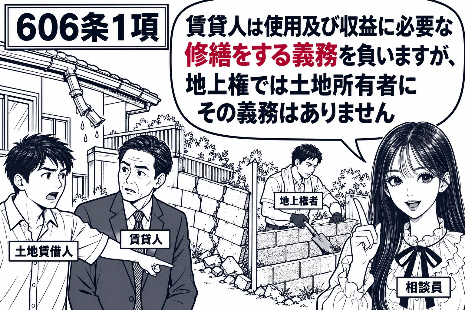 借地の上の家の雨どいが壊れ、庭の擁壁が崩れかけている場面。男性（札「土地賃借人」）が地主の男性（札「賃貸人」）に壁を指さしている。その隣の区画では、別の男性（札「地上権者」）が自分でスコップを持って擁壁を直している。先生が地域の相談員役（札