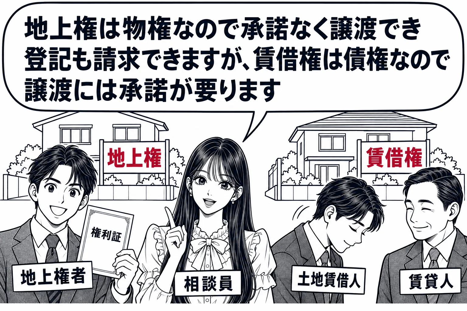 住宅地の二つ並んだ区画の前の場面。左の区画には「地上権」、右の区画には「賃借権」の立て札。左の家の前の男性（札「地上権者」）は権利証を手に笑顔で、右の家の前の男性（札「土地賃借人」）は地主の男性（札「賃貸人」）に頭を下げている。先生が不動産
