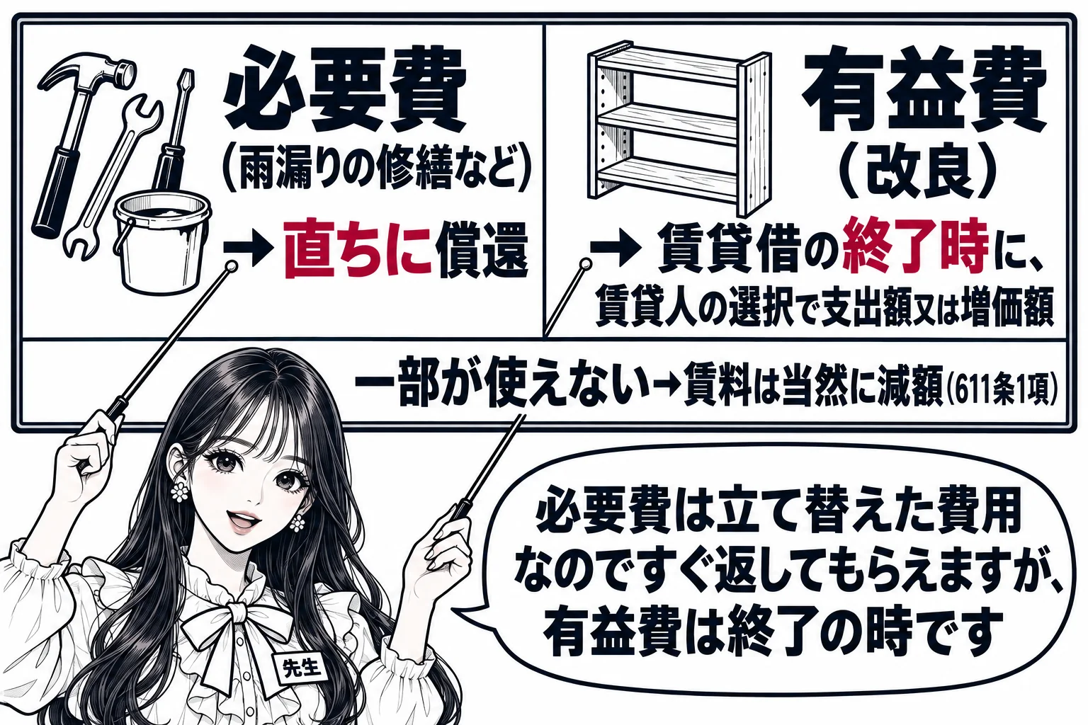 板書の図解。黒板を左右に分け、左に工具の絵と「必要費（雨漏りの修繕など）→直ちに償還」、右に増築した棚の絵と「有益費（改良）→賃貸借の終了時に、賃貸人の選択で支出額又は増価額」。下段に「一部が使えない→賃料は当然に減額（611条1項）」。先
