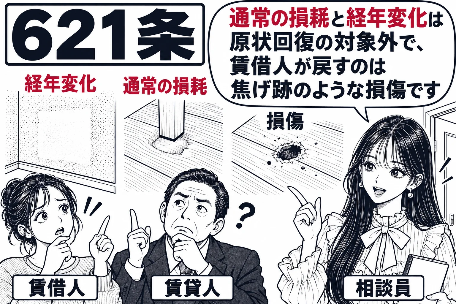 賃貸アパートの退去立会いの場面。空室の中で女性（札「賃借人」）と男性（札「賃貸人」）が壁と床を見ている。日焼けした壁紙に「経年変化」、家具の跡のへこみに「通常の損耗」、たばこの焦げ跡に「損傷」の札。先生が相談員役（札「相談員」）で部屋の入口